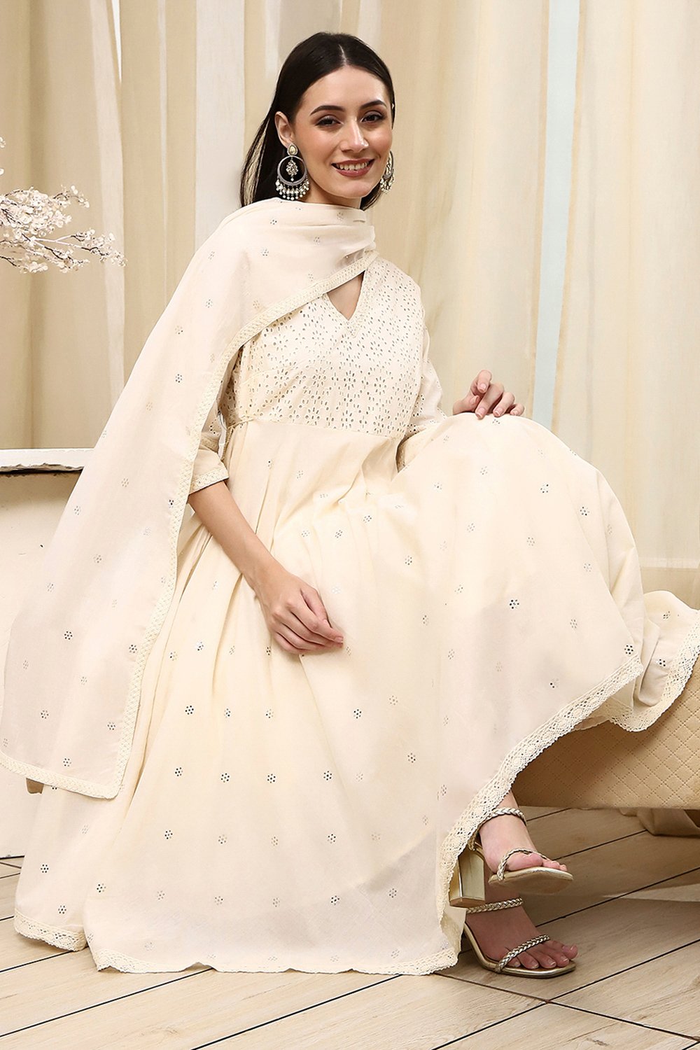 Off White Cotton Anarkali Suit Set image number 0