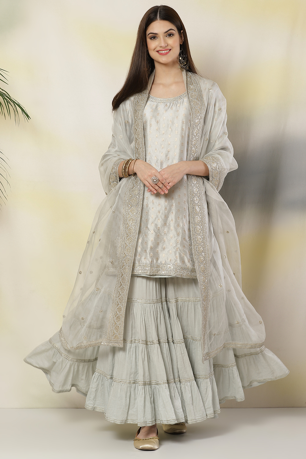 Powder Blue Poly Metallic Straight Suit Set image number 4