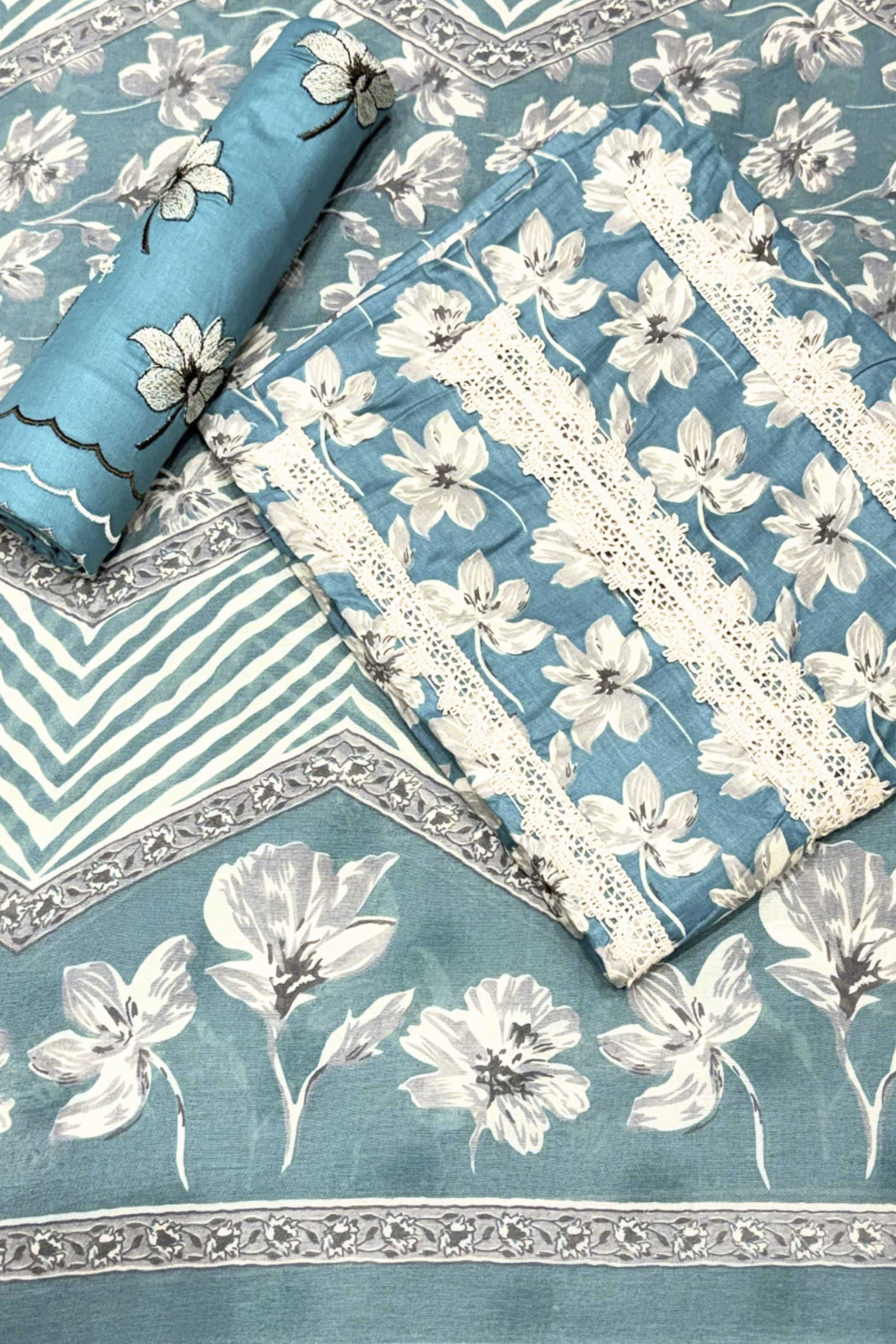 Teal Cotton Printed Unstitched Suit Set image number 0