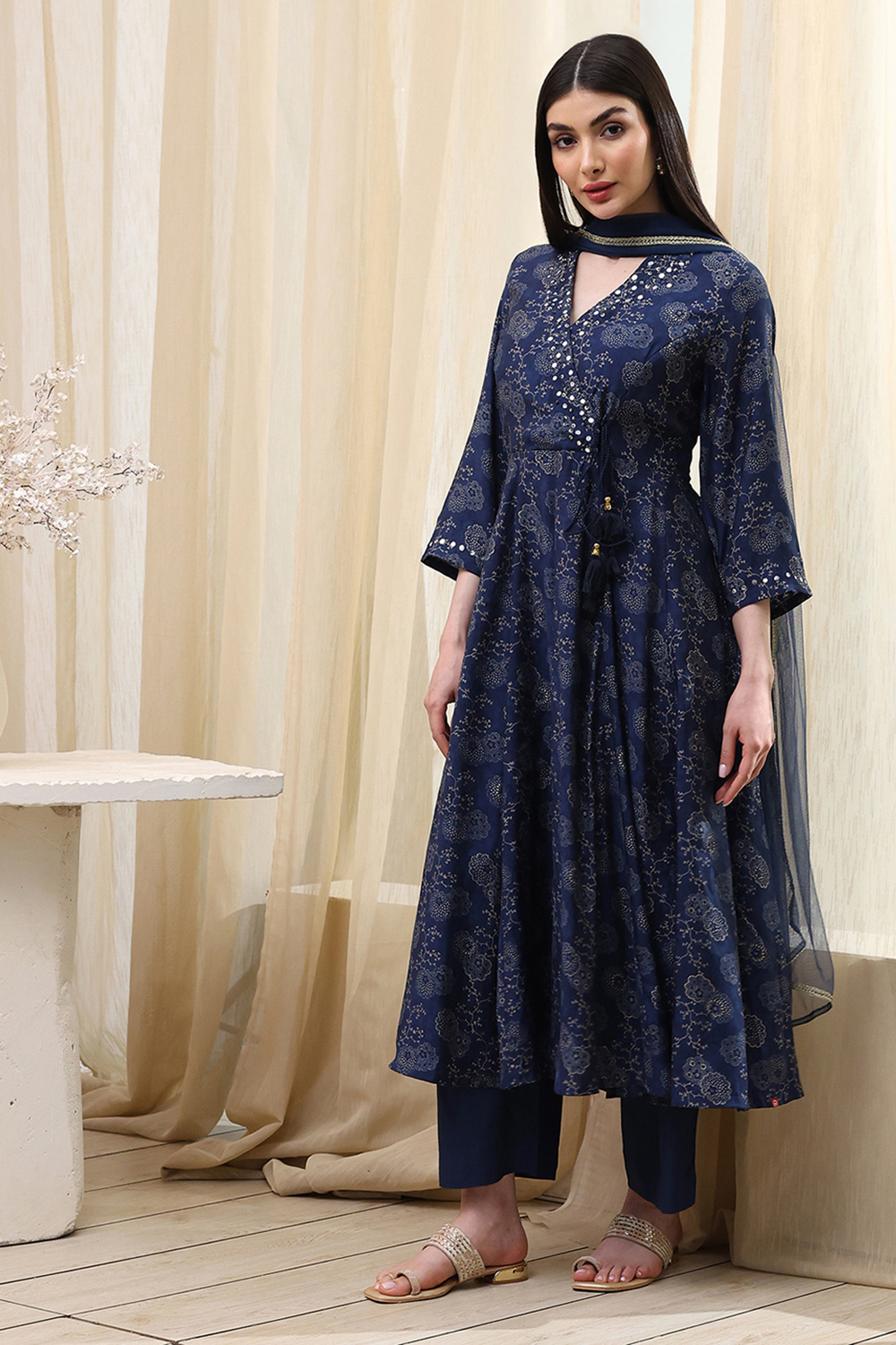 Navy Blue Printed Angrakha Style Anarkali Suit Set image number 3