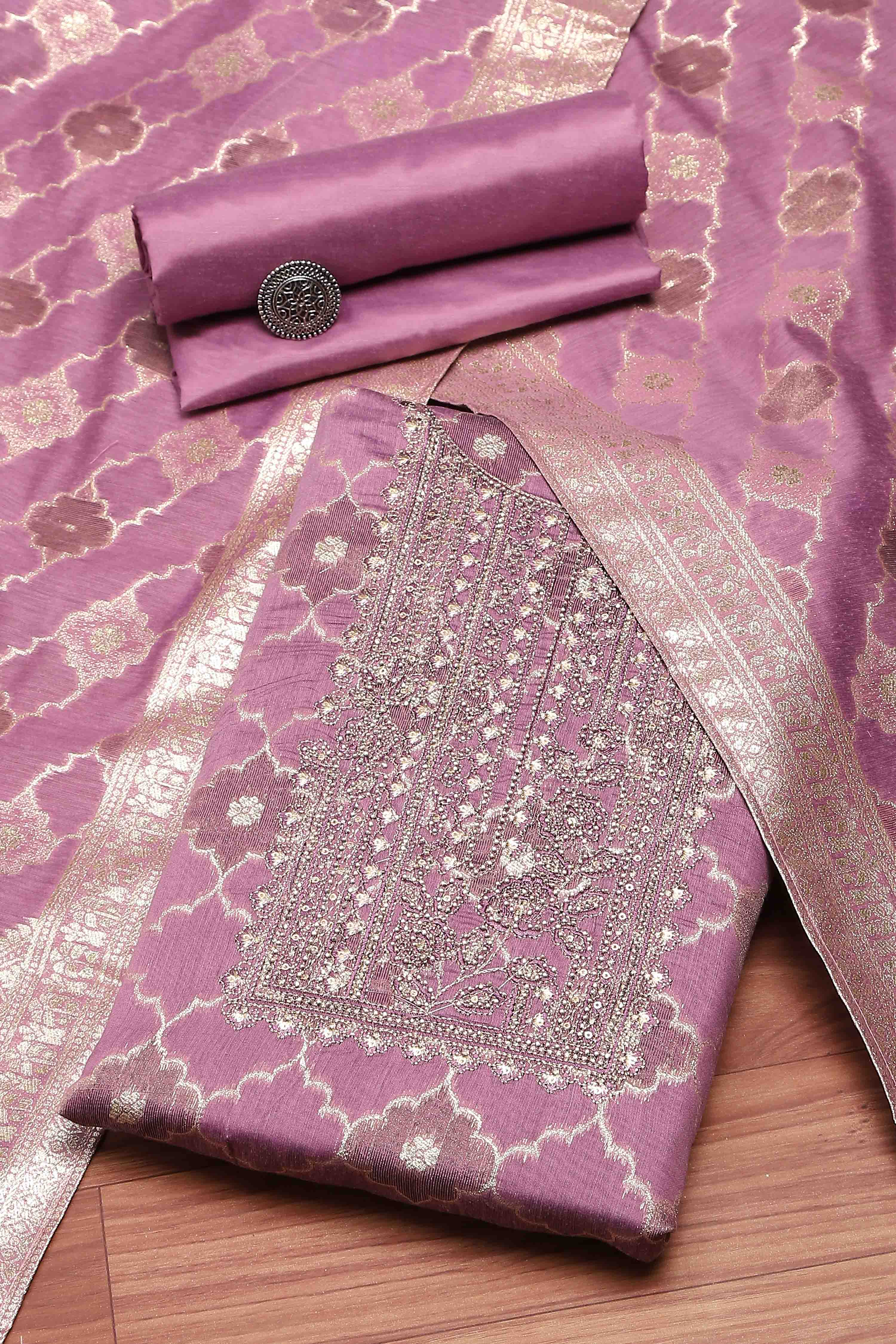 Lavender Tissue Chanderi Embroidered Unstitched Suit Set image number 0