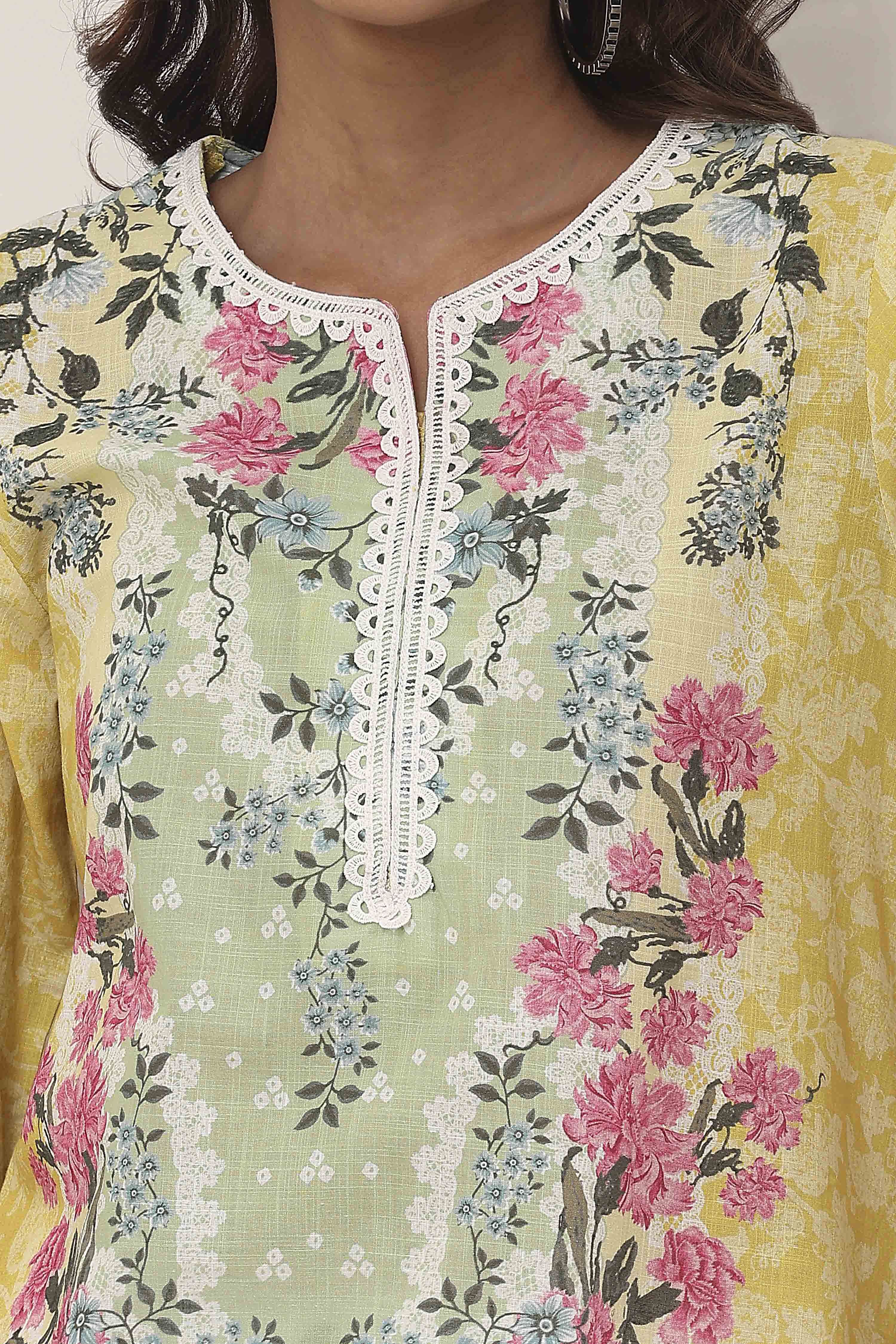 Yellow Cotton Printed Straight Short Kurta image number 1