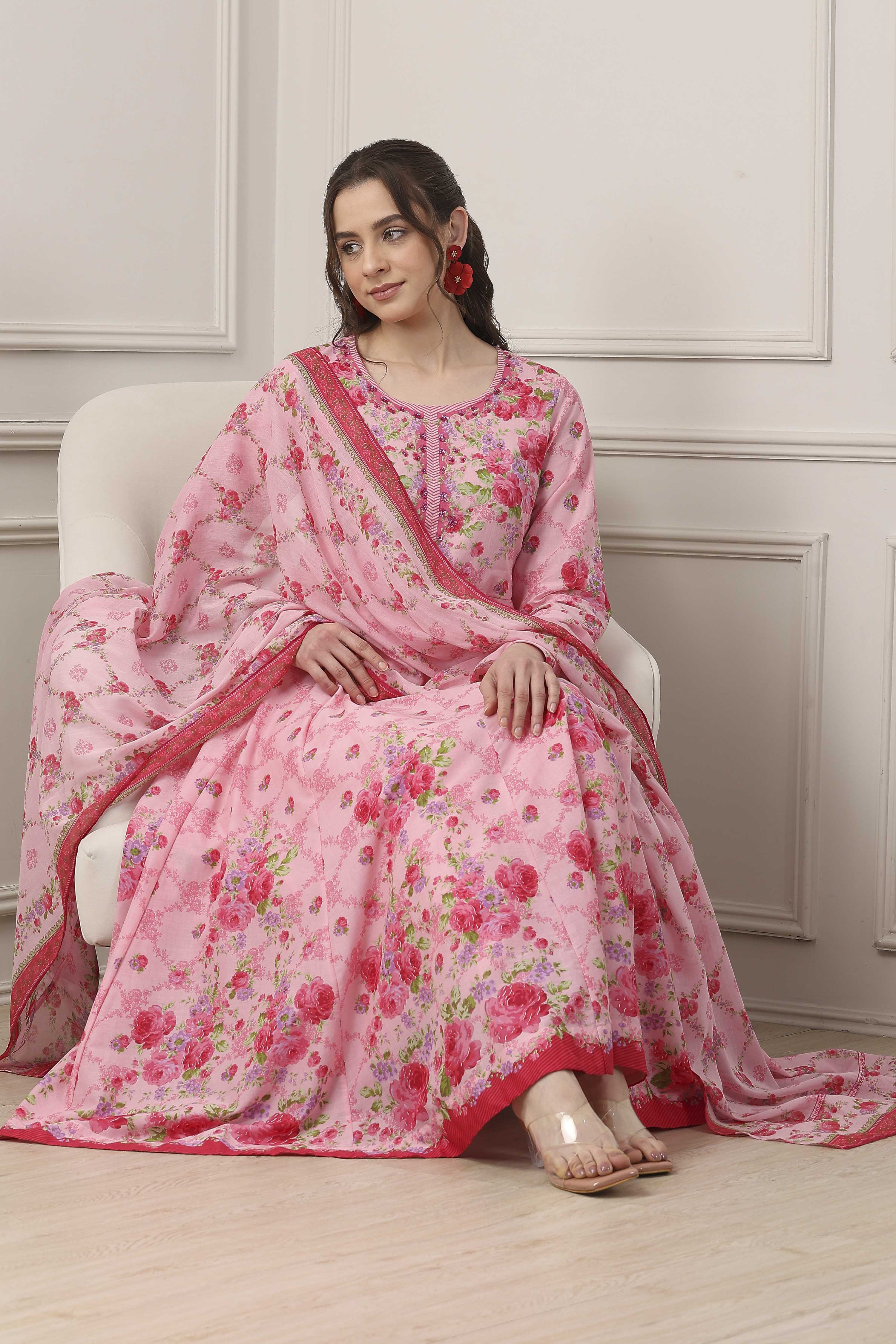 Blue Cotton All-Over Floral Kalidar Suit Set image number 6