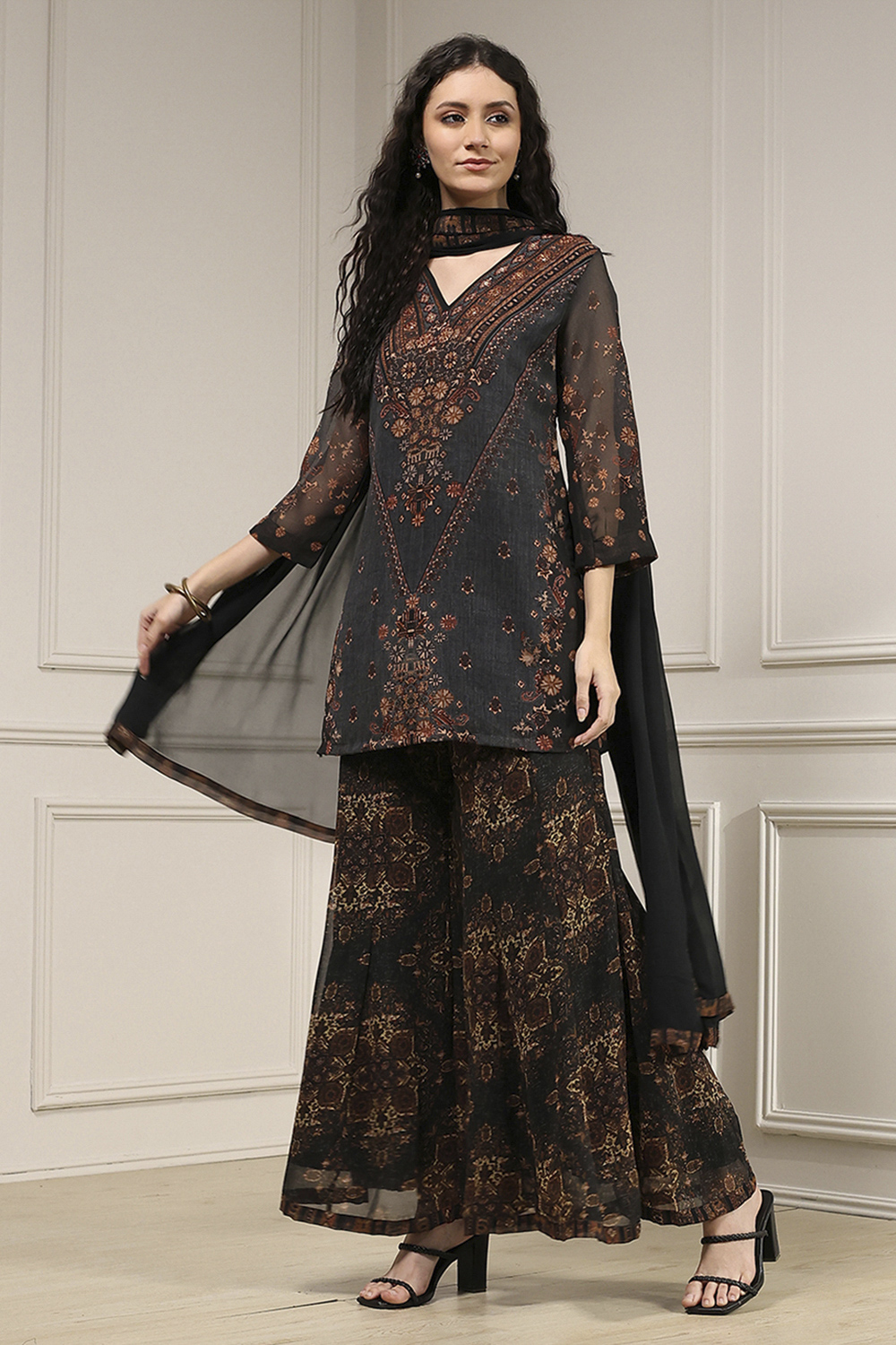 Charcoal Black Polyester Straight Printed Sharara Suit Set image number 3