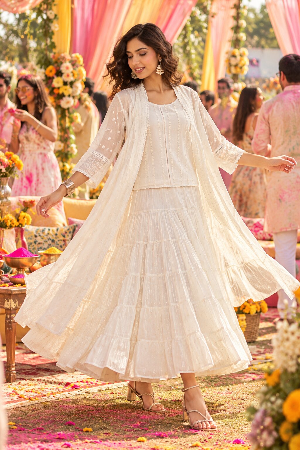 Off-White Cotton Embroidered Silk Fusion Set image number 0