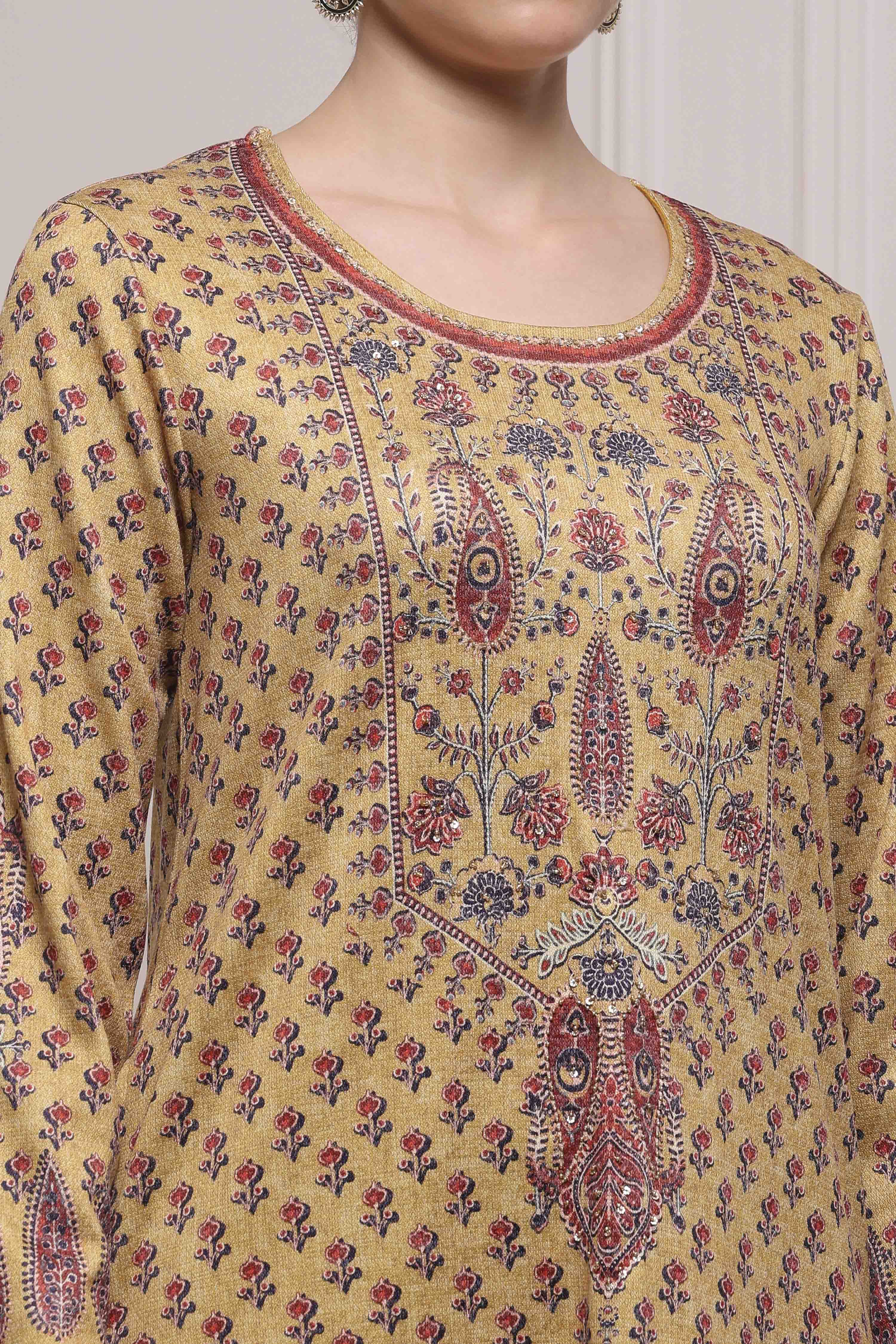 Mustard Blended Printed Straight Kurta Pants Set image number 1