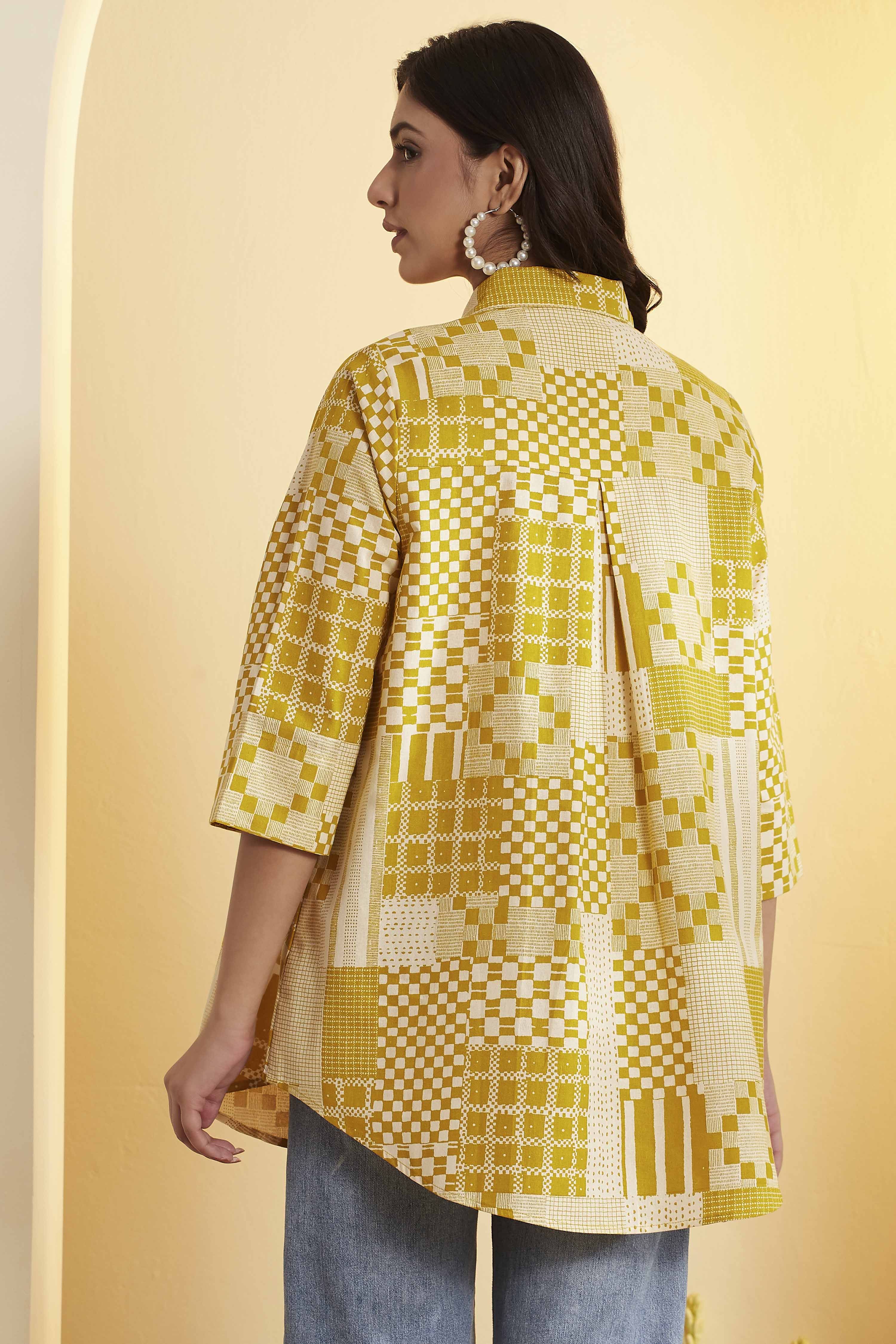 Navy Blue Cotton Checked A-Line Shirt Style Kurta image number 4