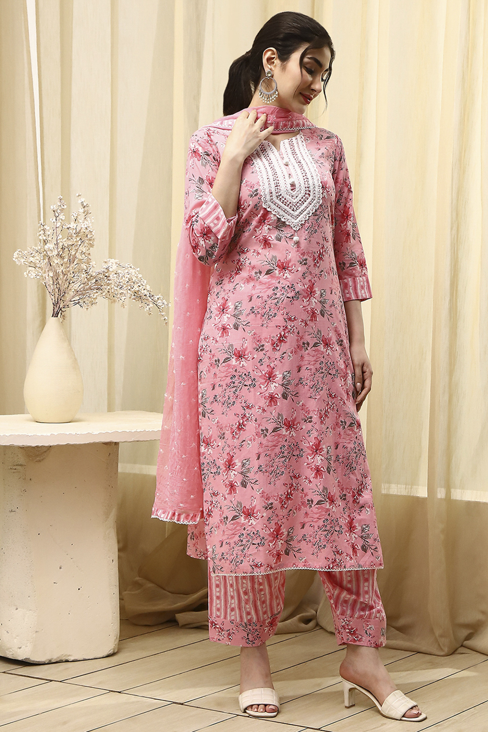 Pink Cotton Printed Embroidered Unstitched Suit Set image number 6