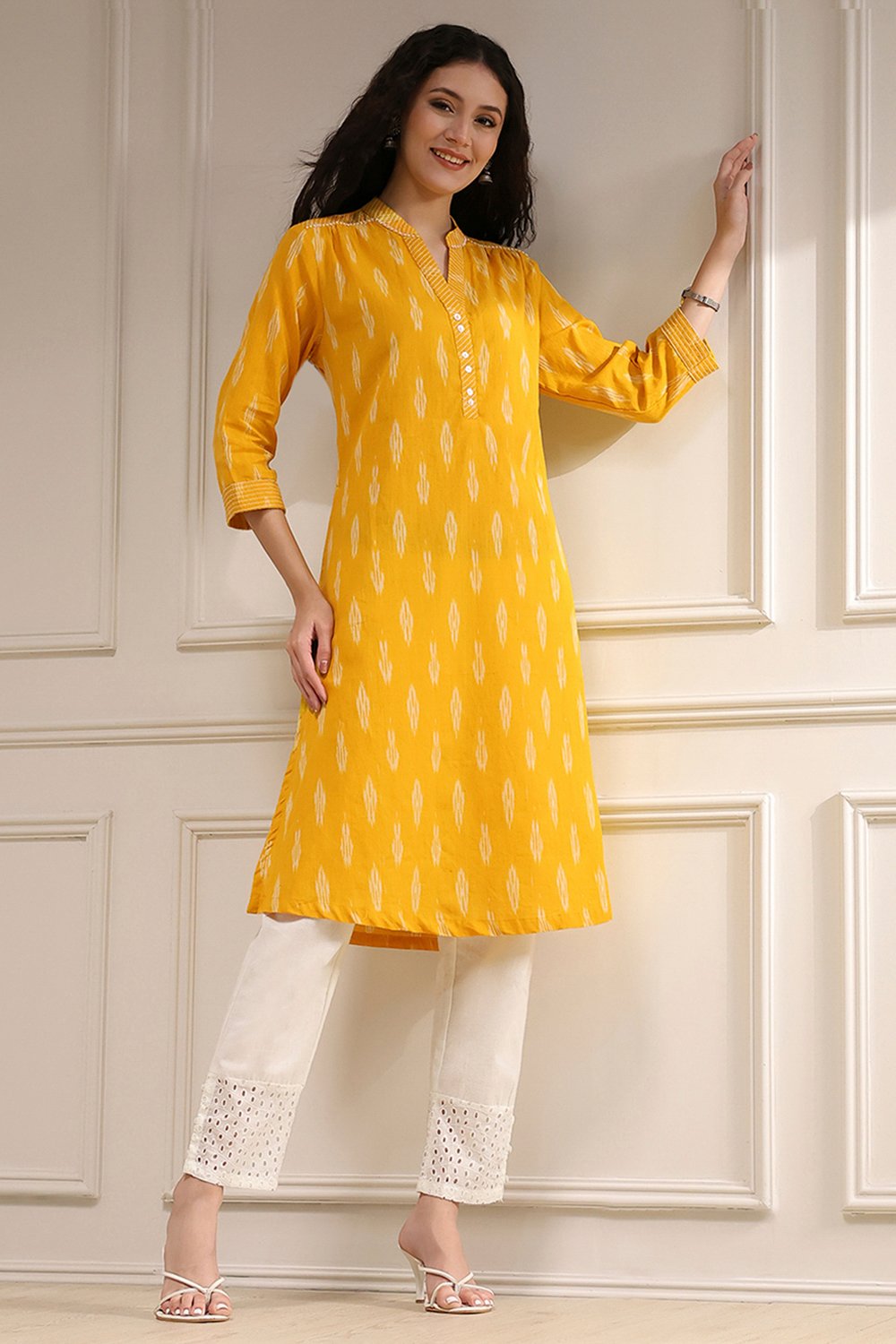 Yellow Cotton Straight Yarndyed Kurta image number 0