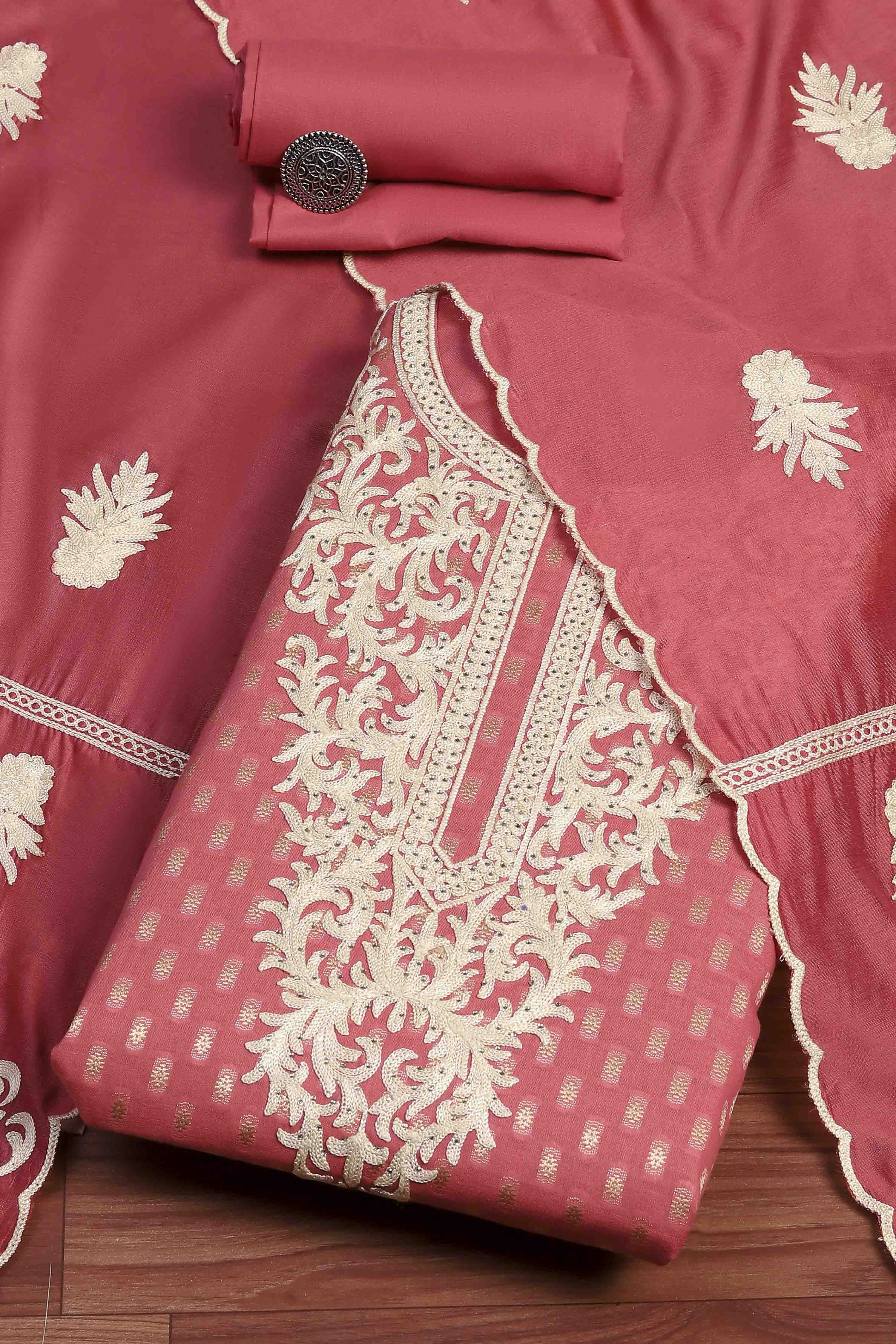 Peach Cotton Blend Thread Embroidered Unstitched Suit Set image number 0