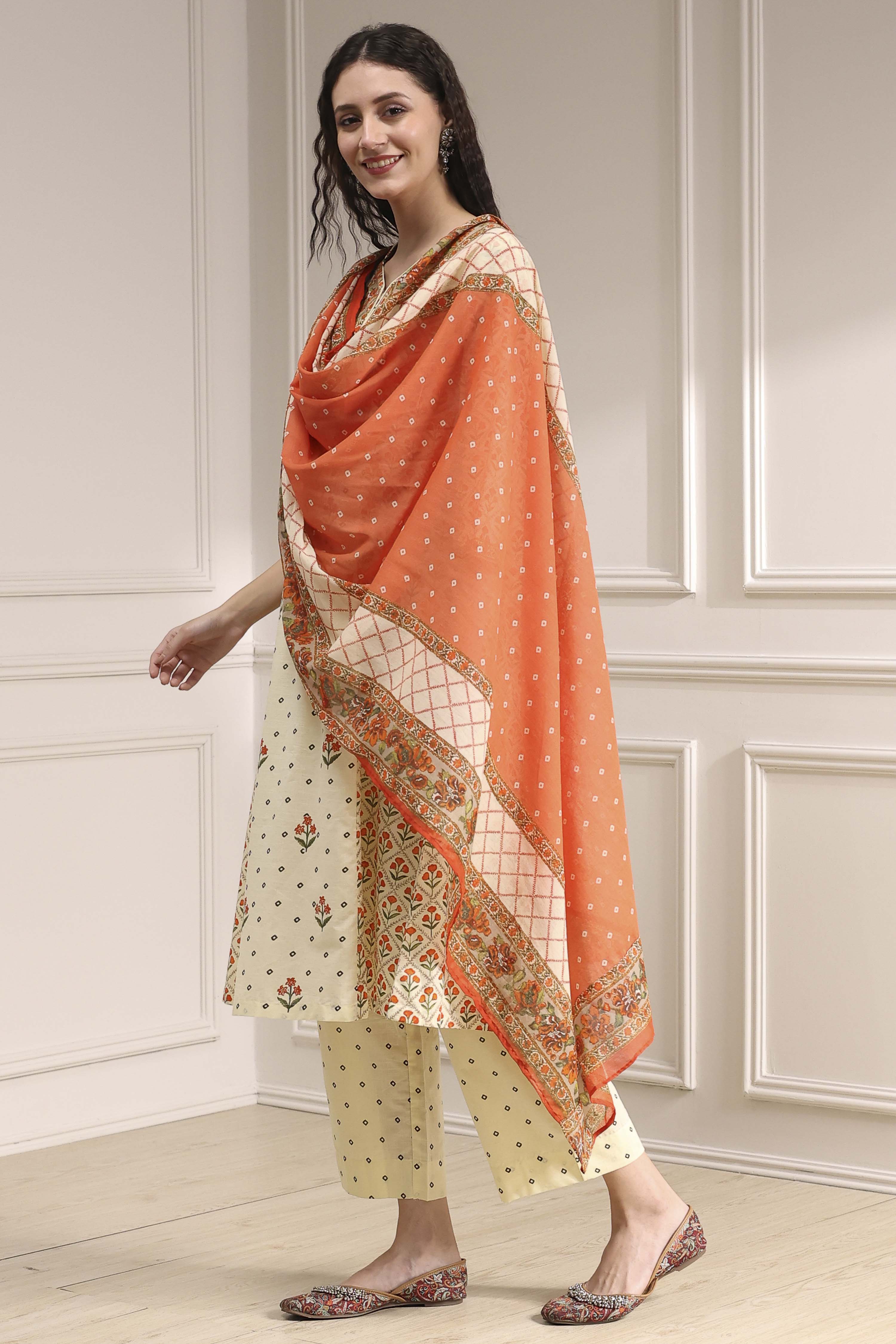 Beige Cotton Printed A-Line Suit Set image number 3