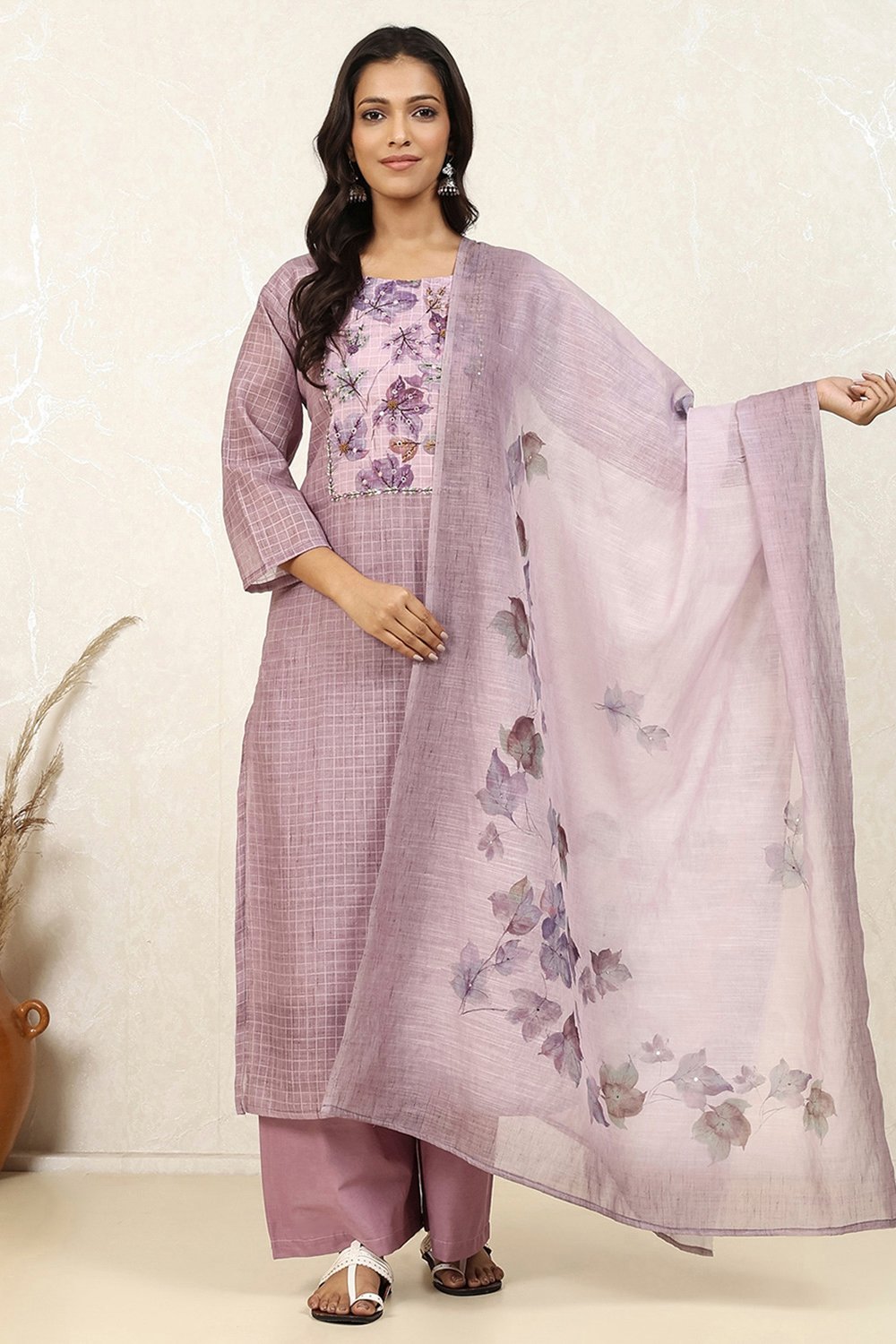 Lavender Linen Blend Hand Embroidered Unstitched Suit Set image number 1