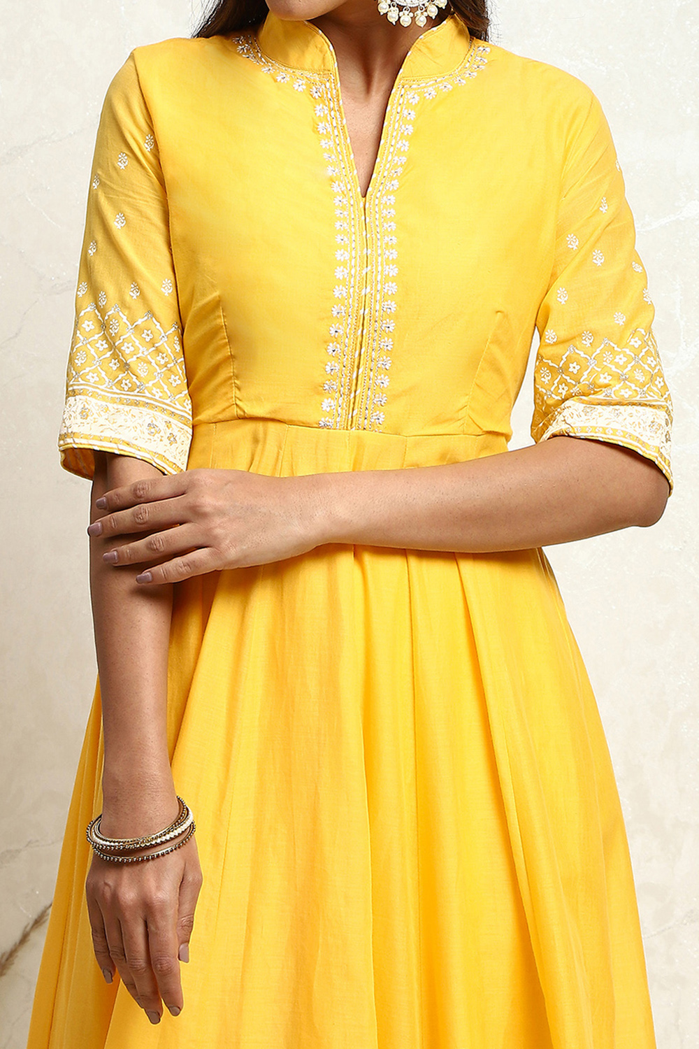 Yellow Blue Printed Cotton Anarkali Suit Set image number 1