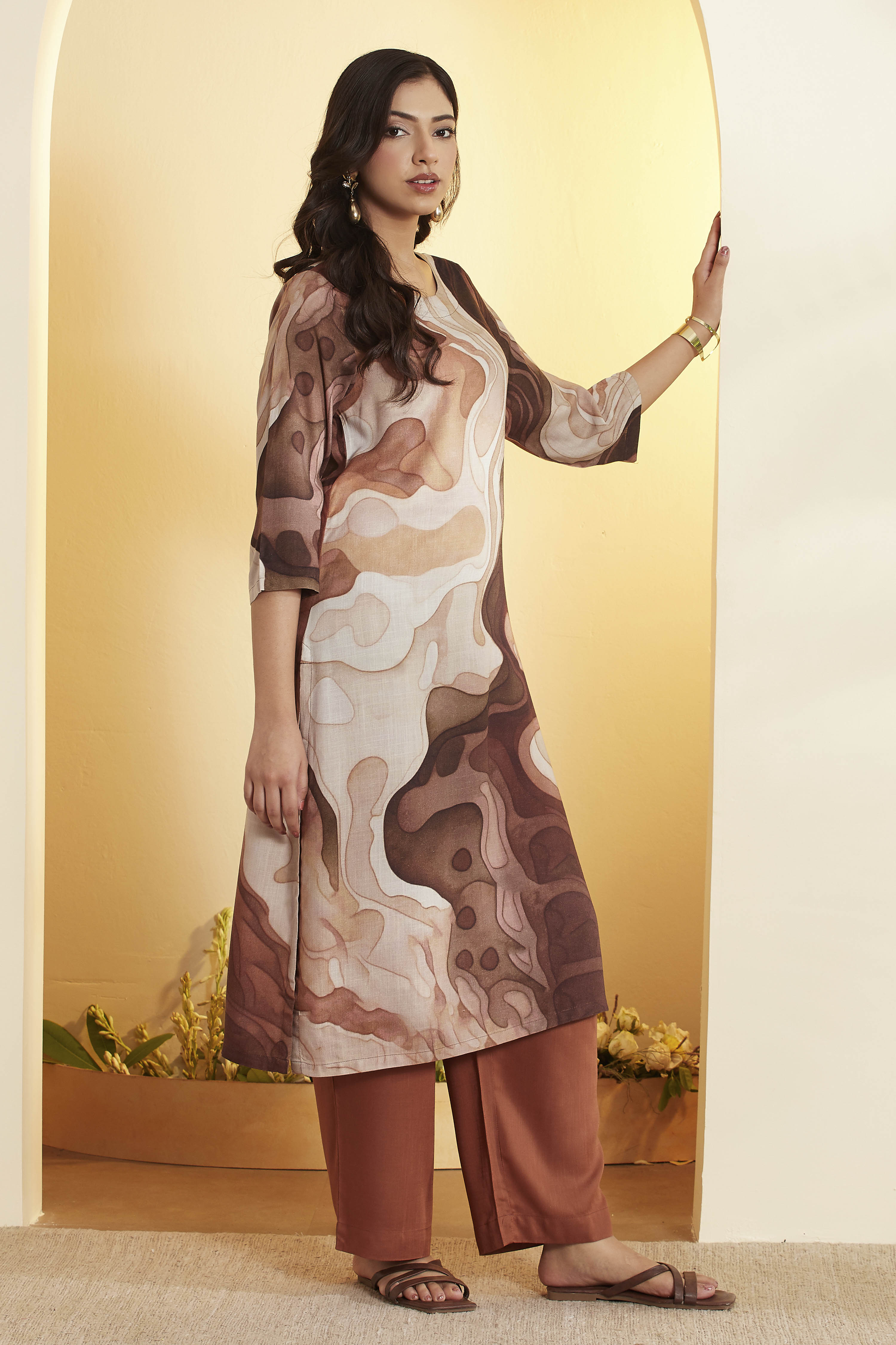 Brown Abstract Printed Straight Rayon Slub Kurta Set image number 4