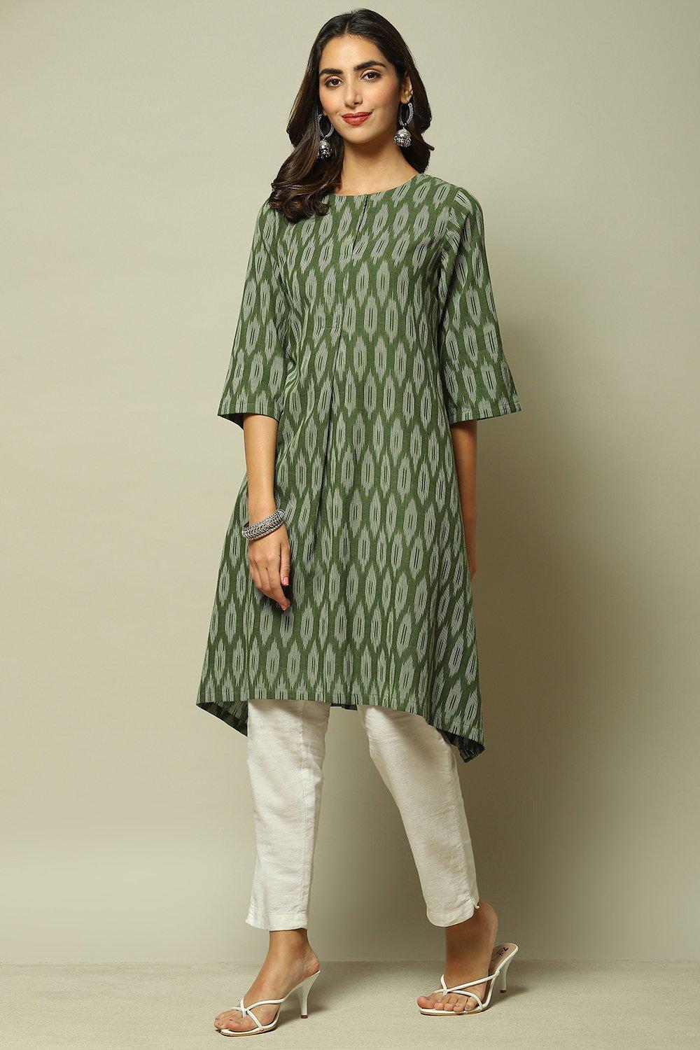 Dark Green Cotton IKAT Straight Yarndyed Kurta image number 2