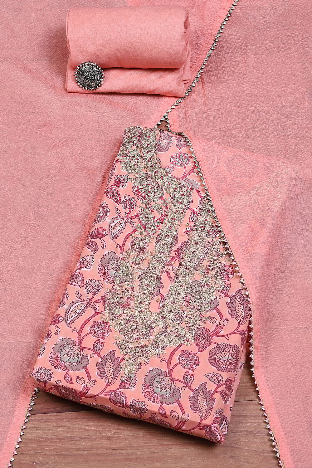 Pink Cotton Handloom Unstitched Suit Set image number 0