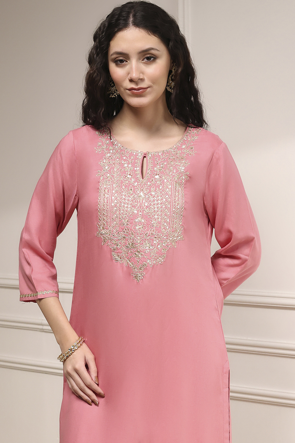 Pink Embroidered Straight Suit Set image number 1