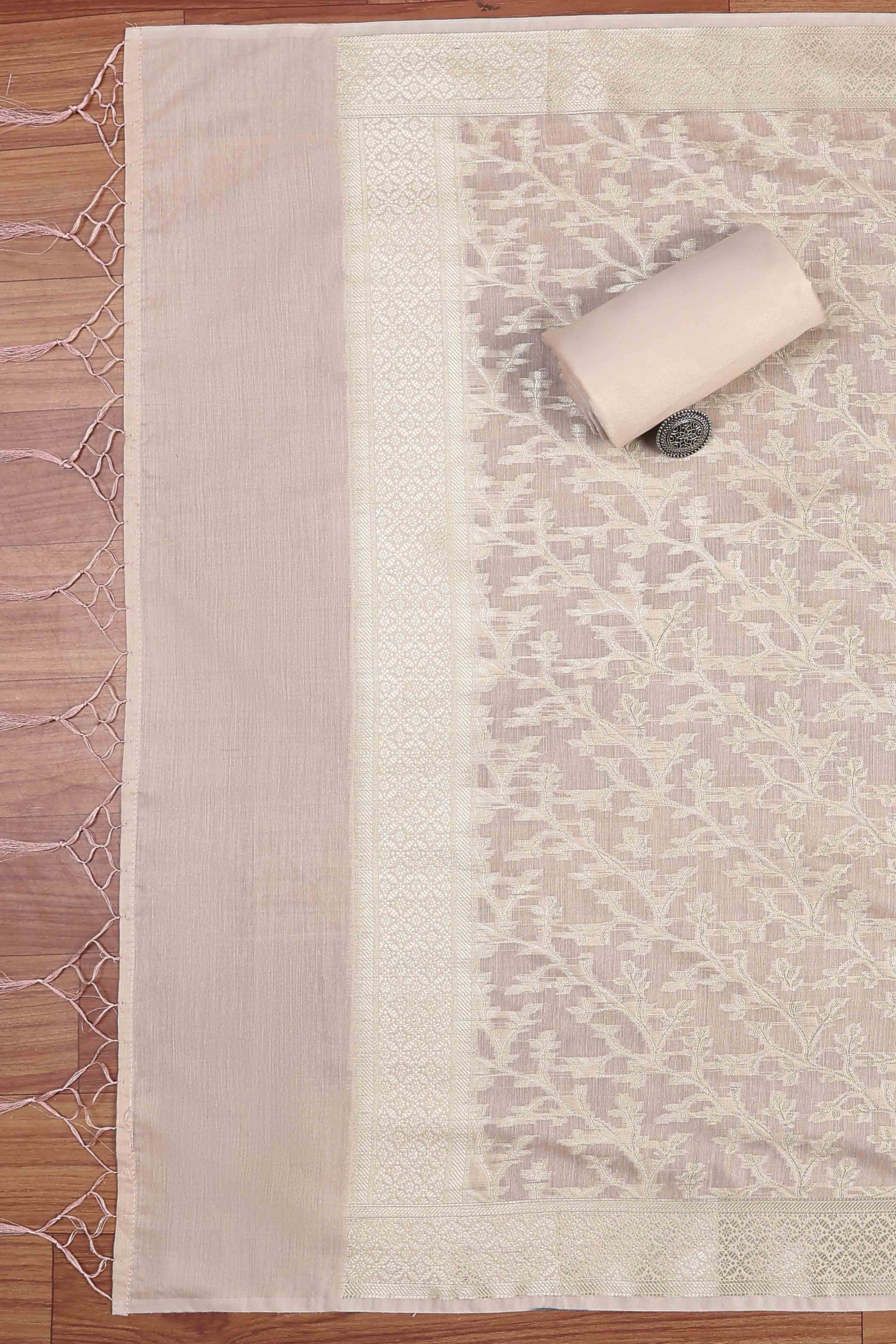 Light Pink Chanderi Ethnic Motif Unstitched Suit Set image number 3