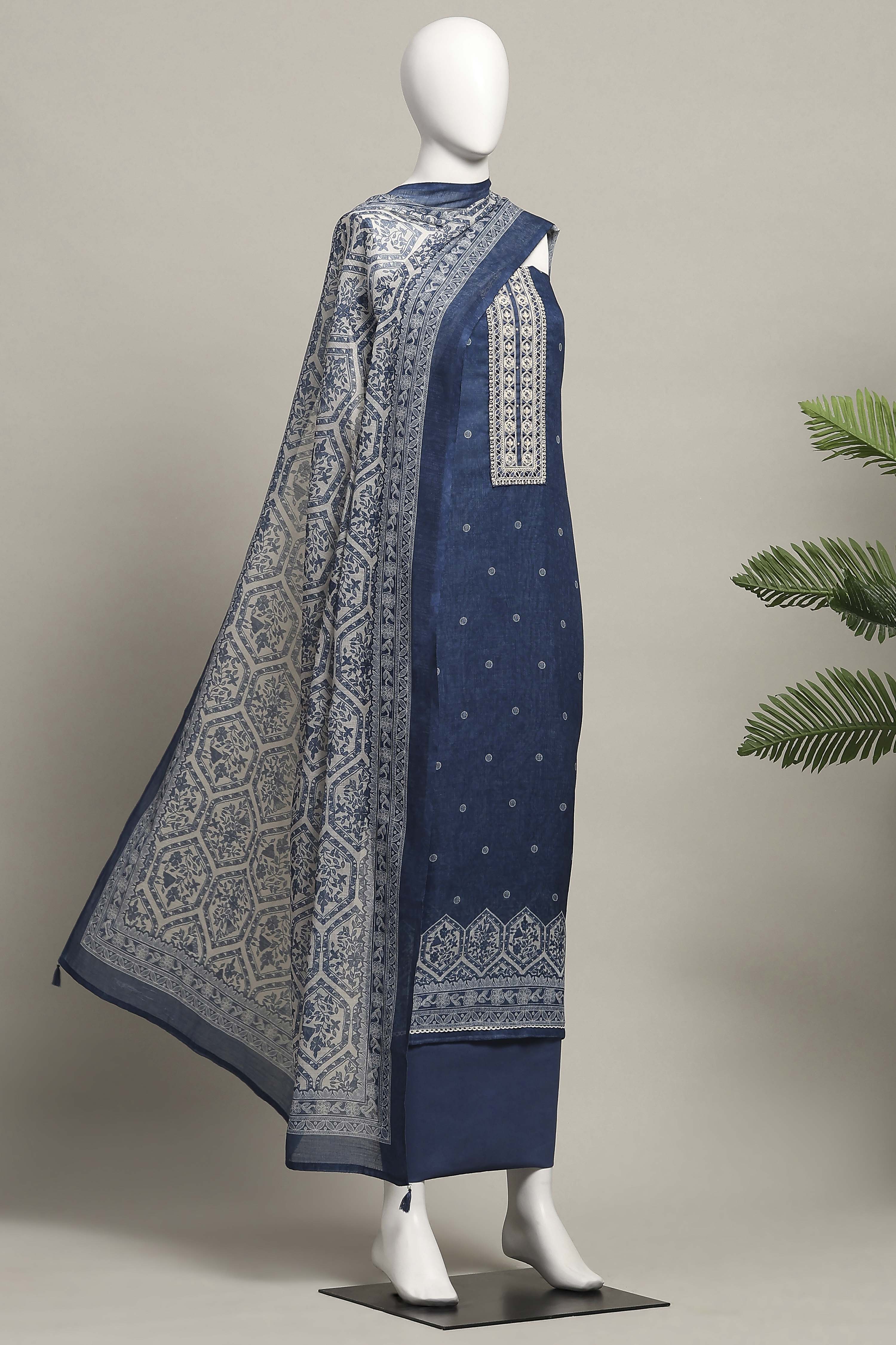 Beige Linen Booti Print Unstitched Suit Set image number 4