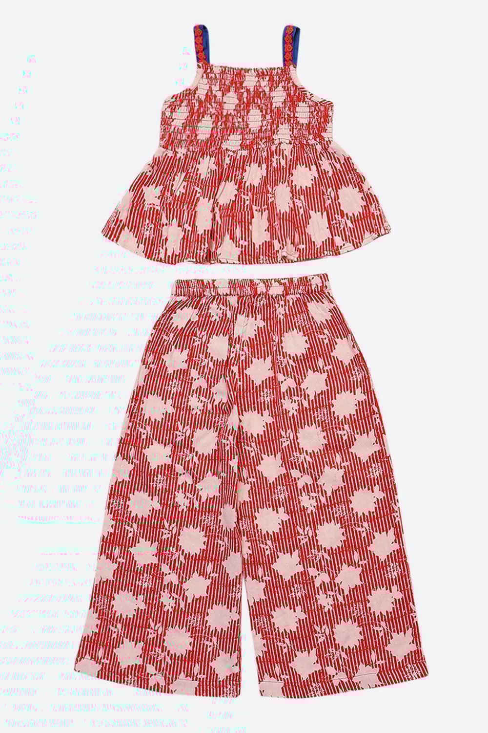 Red Printed Cotton Strappy Top and Flare Pants Set image number 3