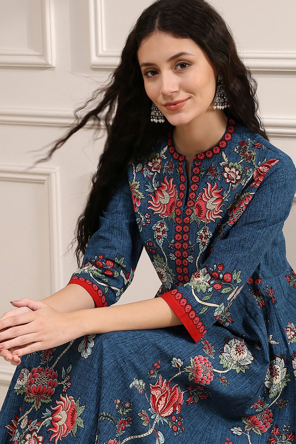 Blue Cotton Printed Anarkali Suit Set image number 0
