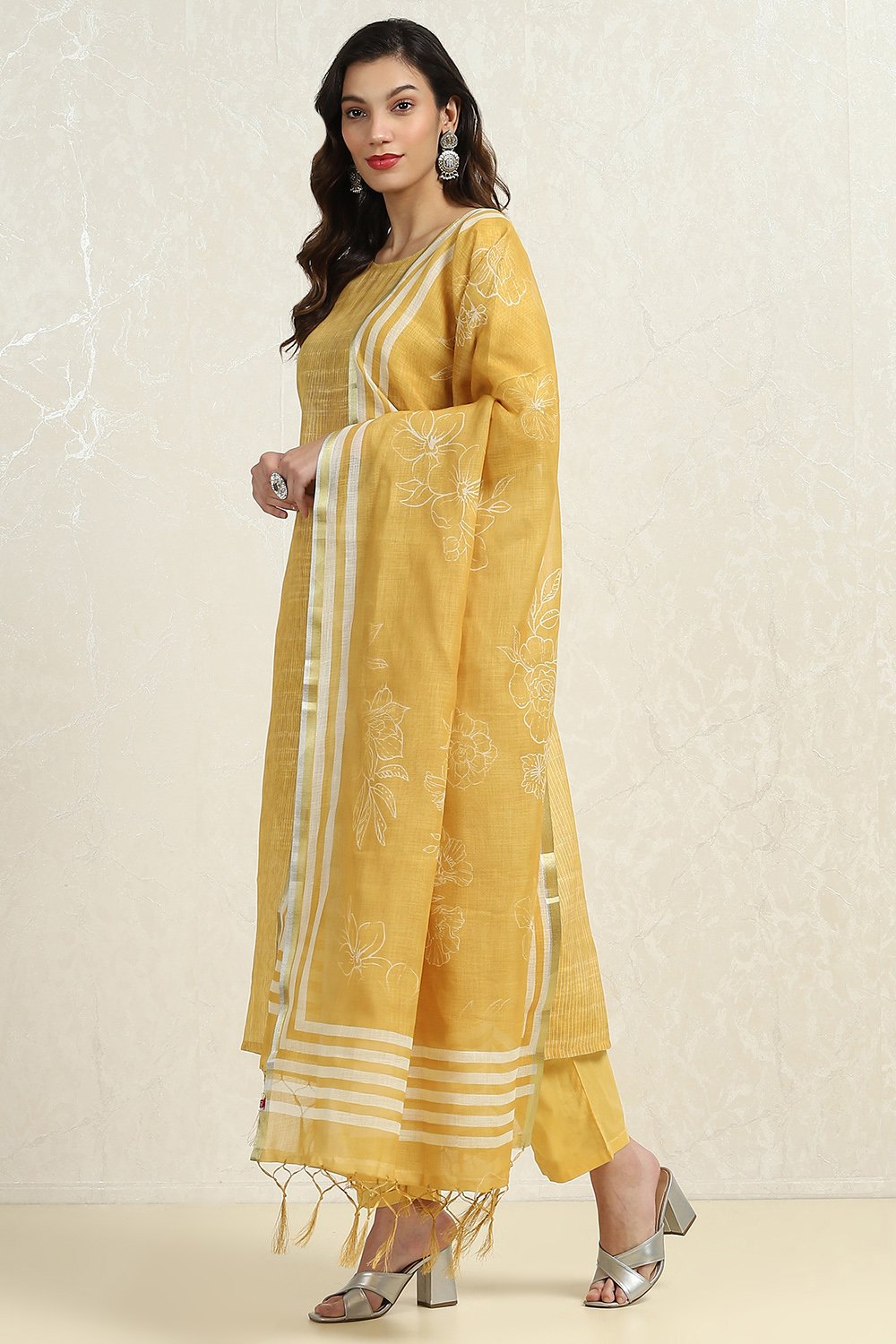 Yellow Linen Blend Woven Unstitched Suit Set image number 2