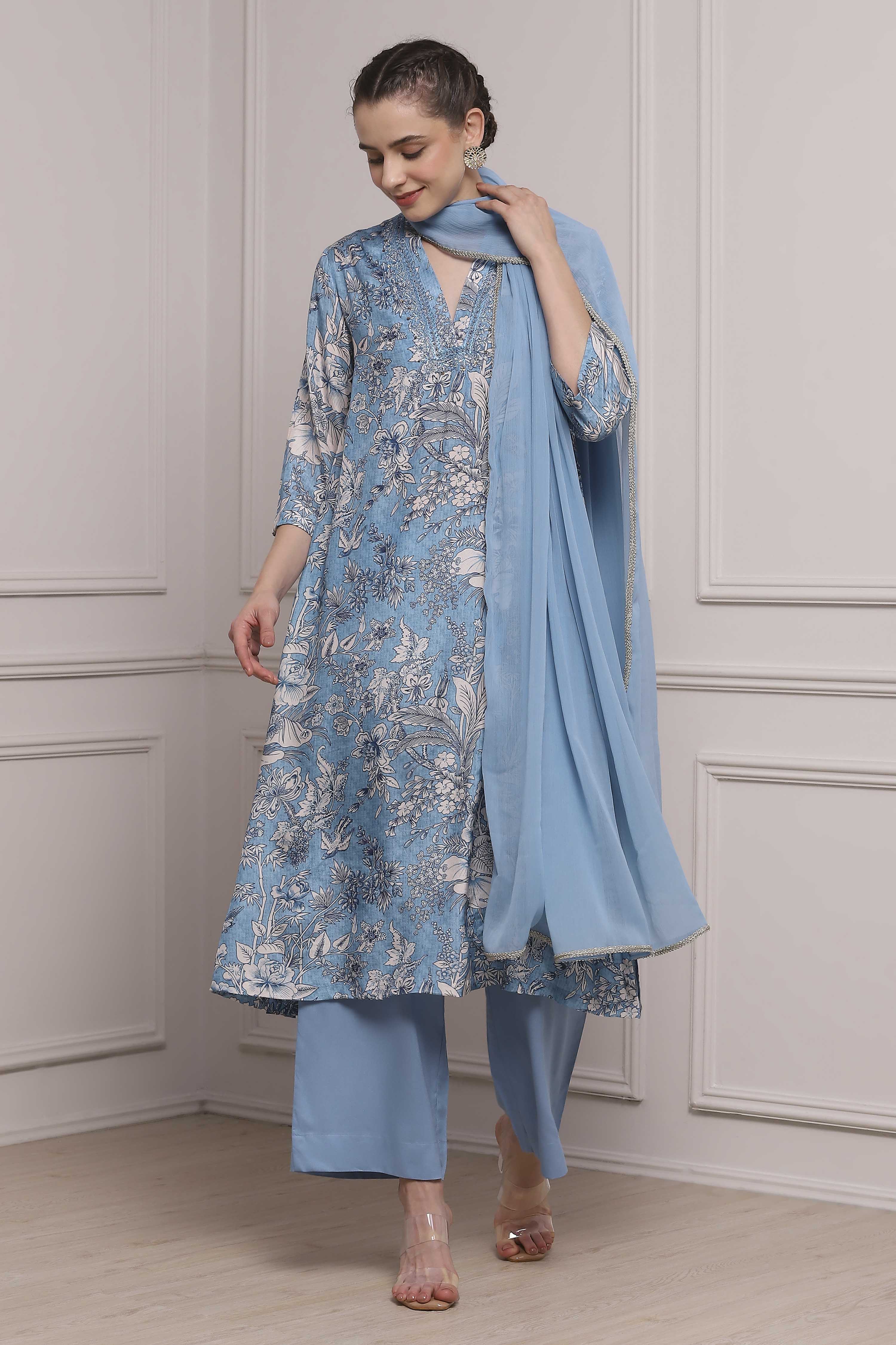 Blue Floral Printed Asymmetric Suit Set image number 0