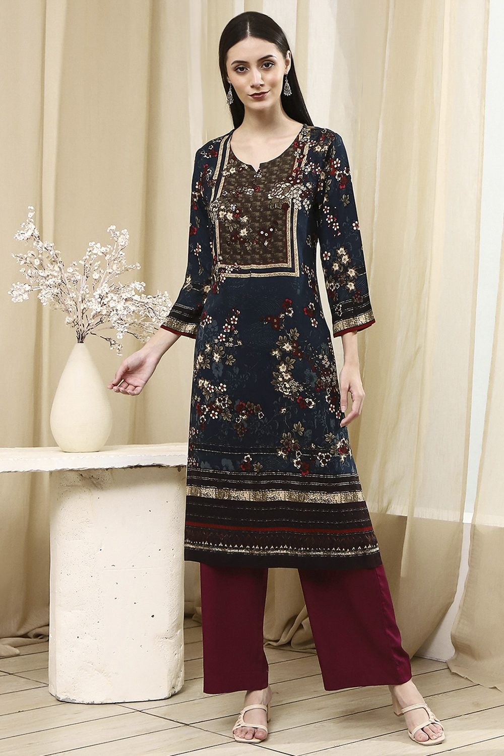 Berry Maroon Solid Straight Palazzos image number 0