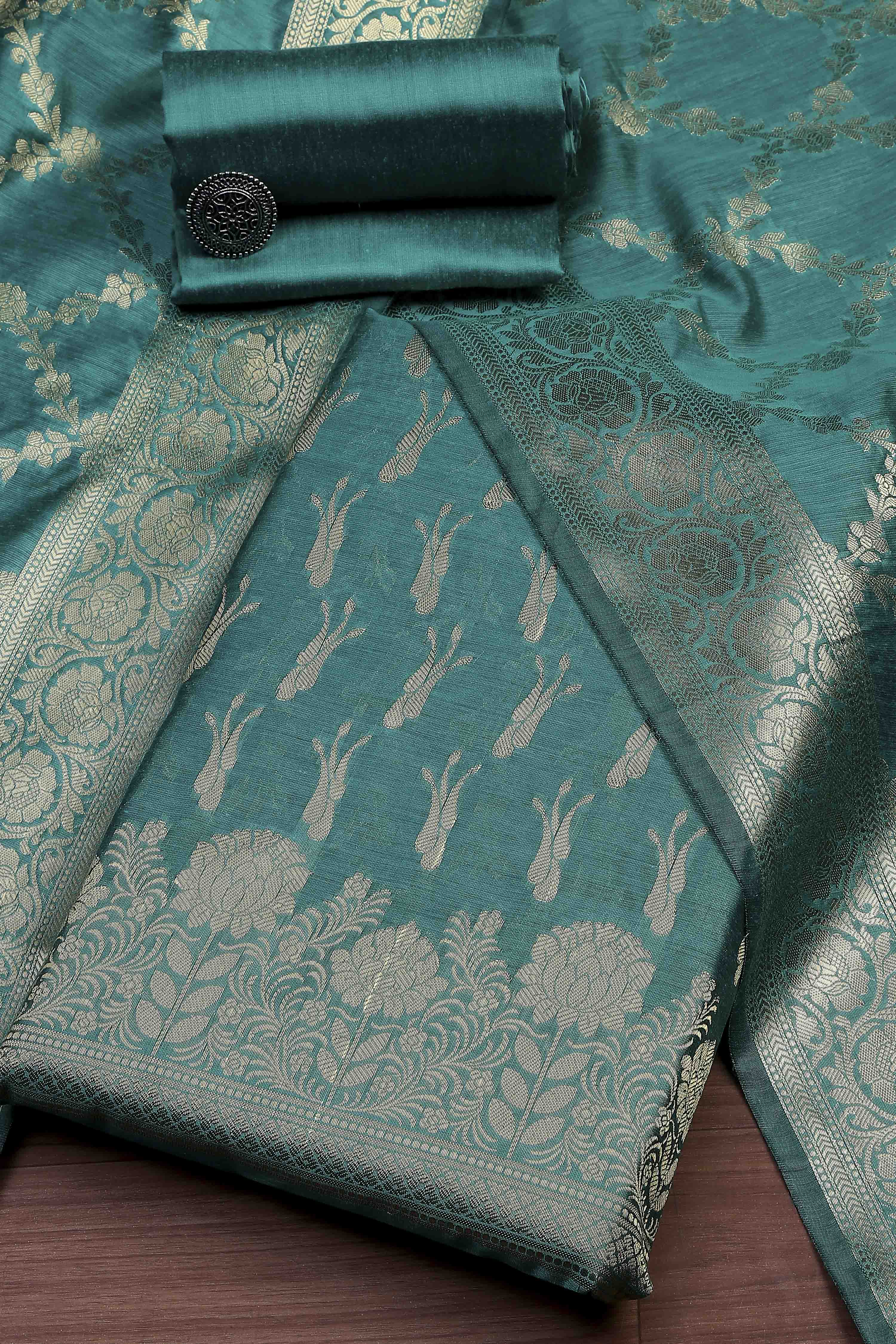 Turquoise Cotton Printed Embroidered Unstitched Suit Set image number 0