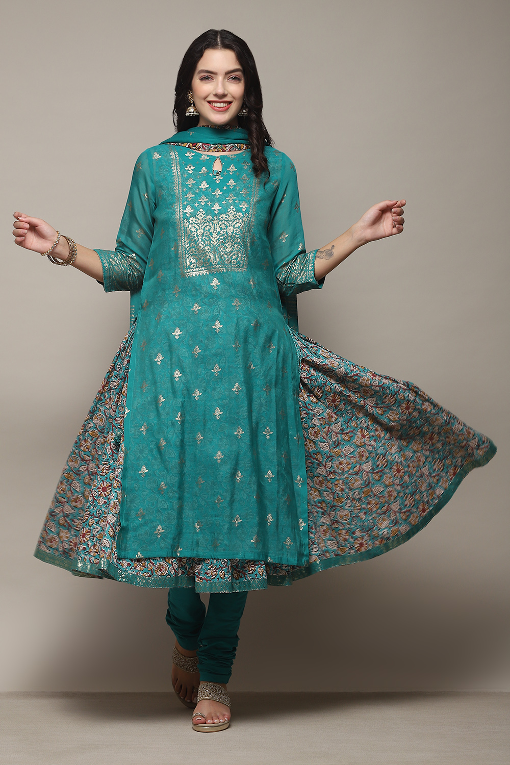 Off White Cotton Layered Printed Kurta Churidar Suit Set image number 0