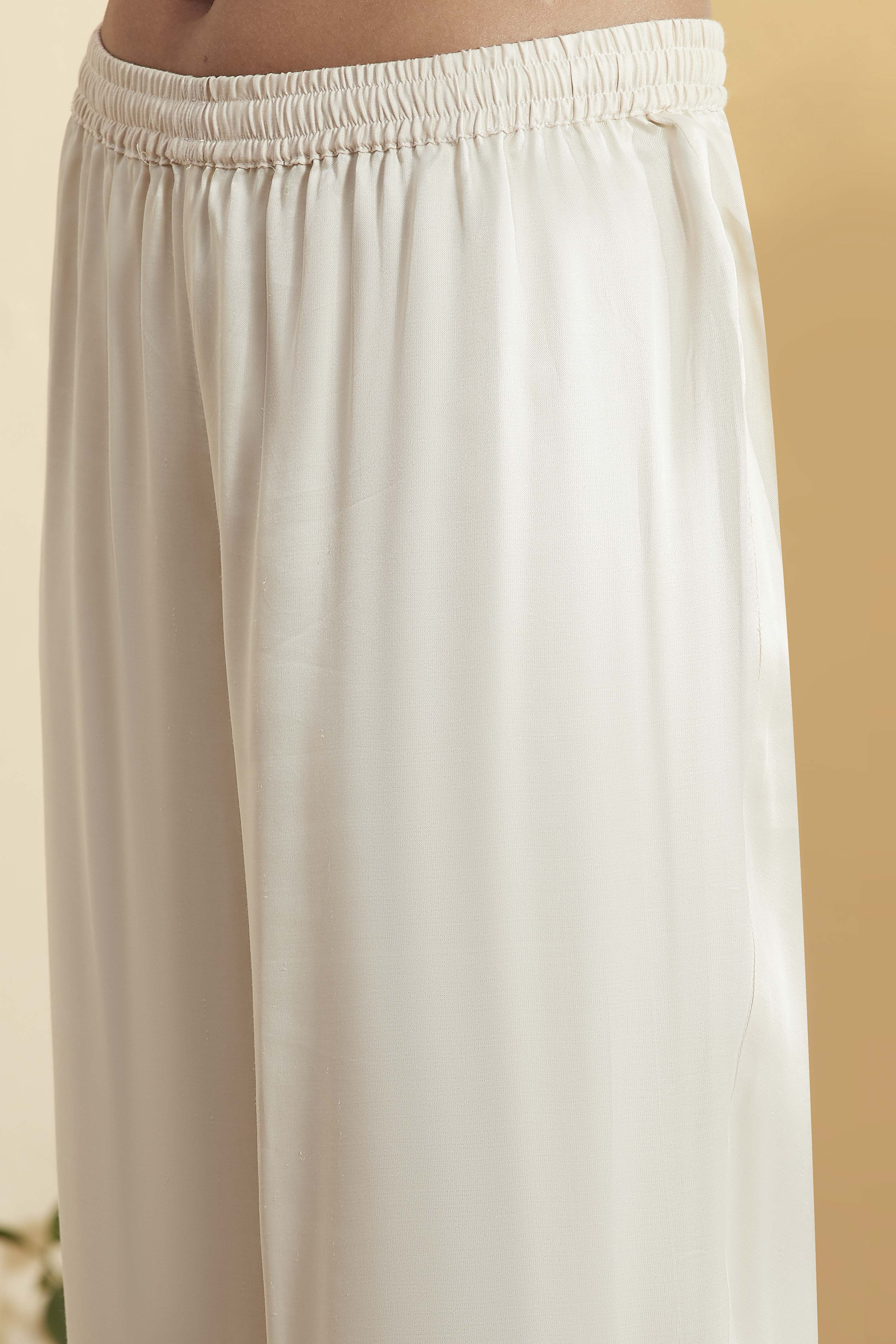Off-White Viscose Rayon Solid Straight Palazzo image number 1