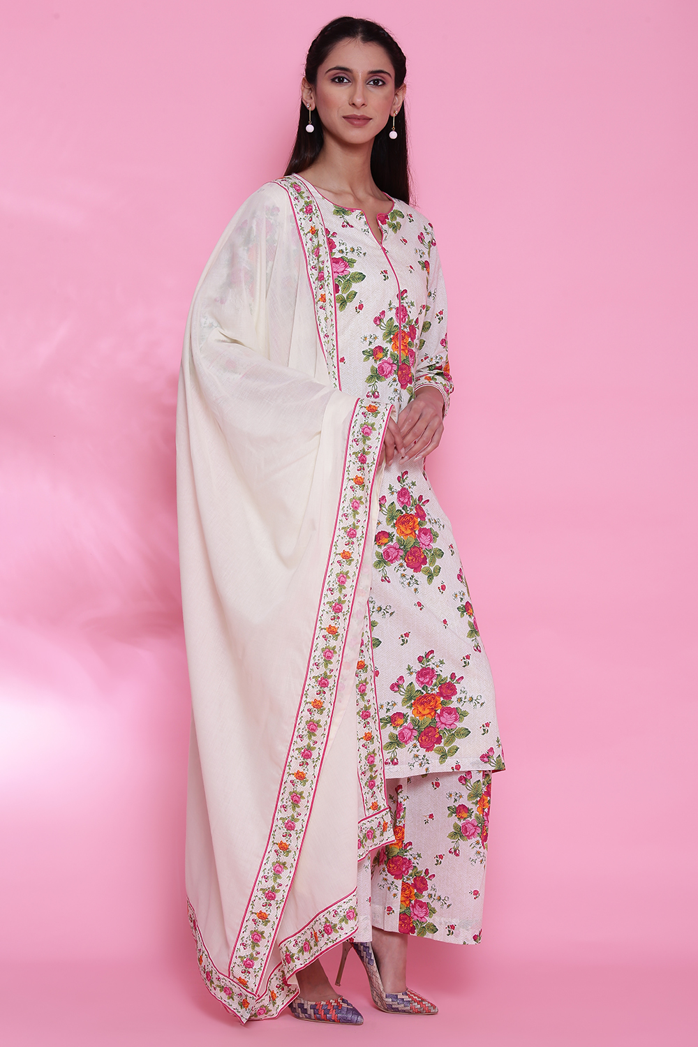 Off White Cotton Straight Kurta Palazzo Suit Set image number 4