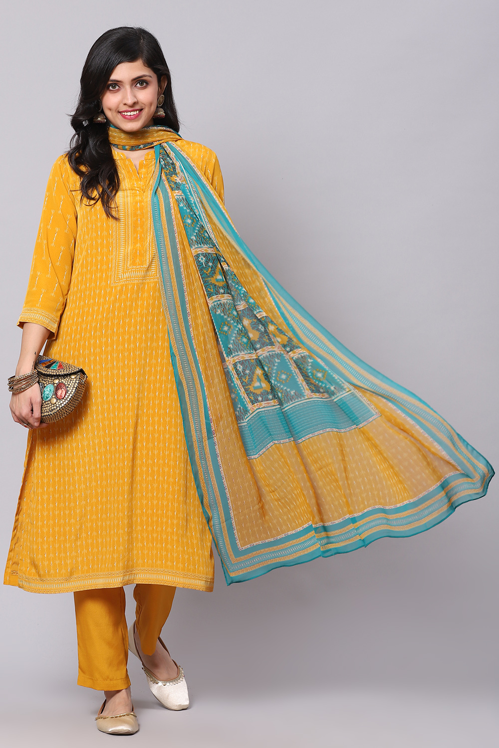 Yellow Crepe Digital Print Unstitched Suit Set image number 0