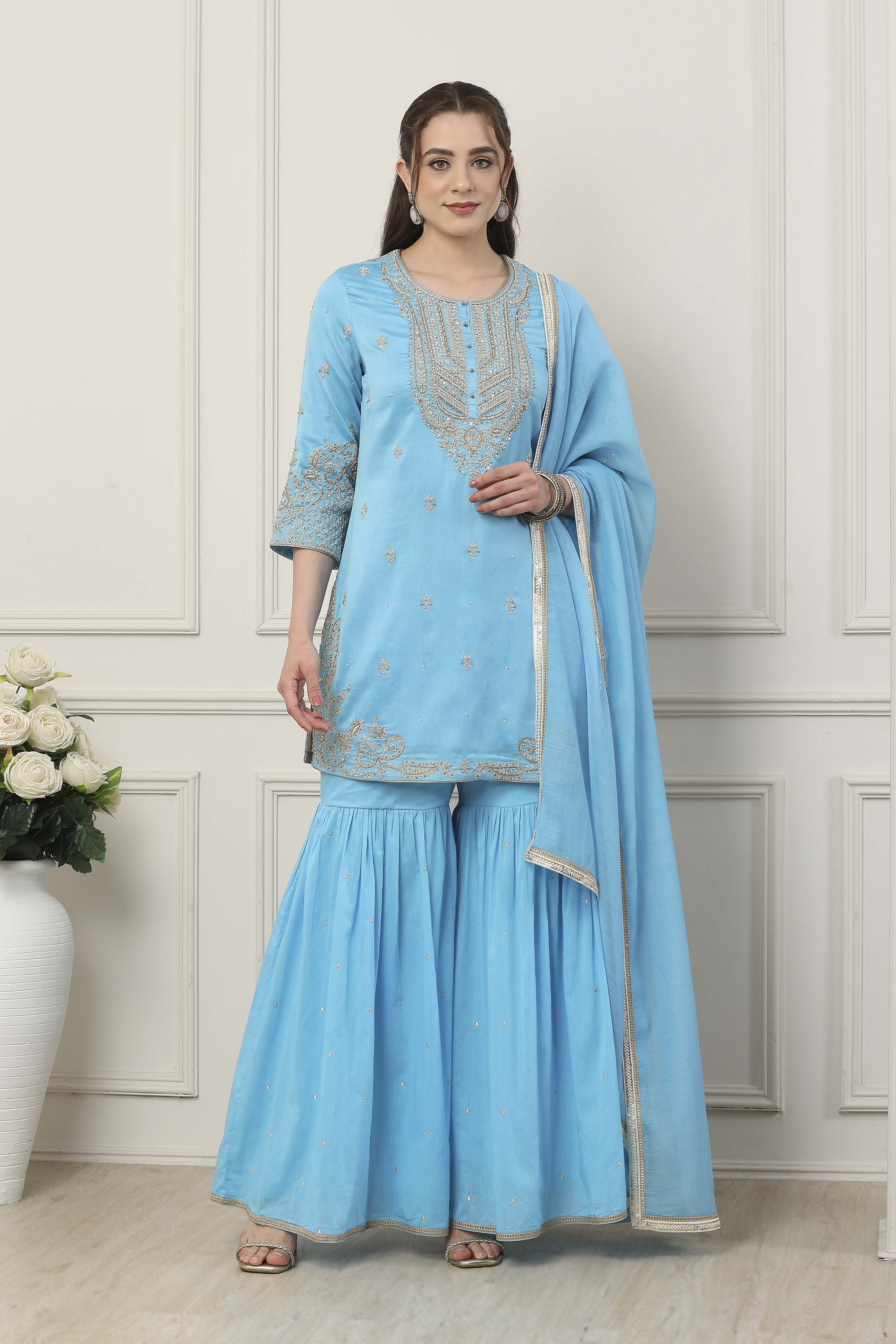 Yellow Silk Chanderi Sequin Embroidered Straight Suit Set image number 6
