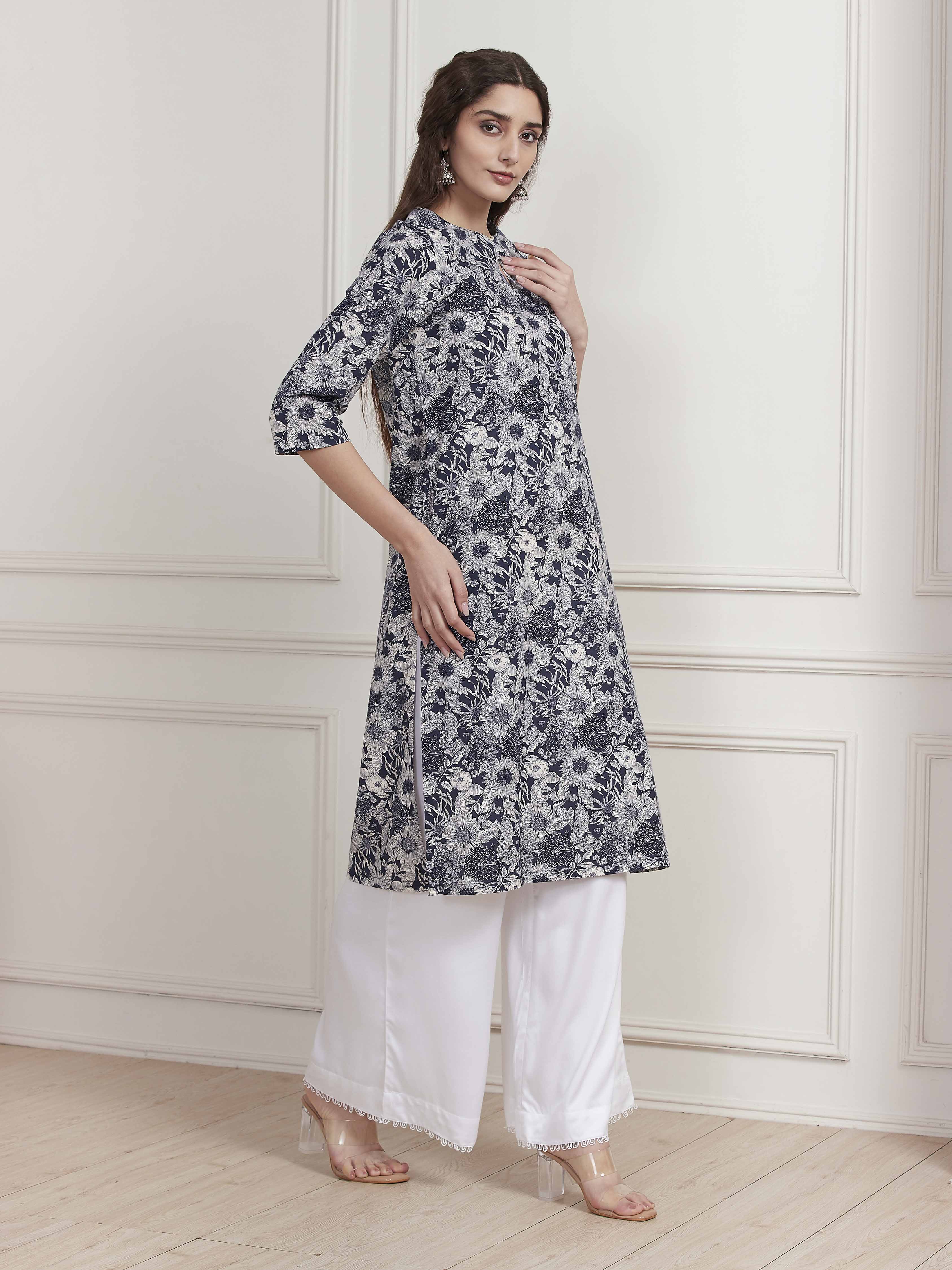 Blue Cotton Floral Printed Straight Kurta image number 4