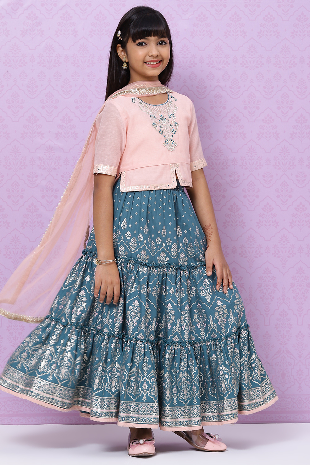 Peach And Teal Straight Poly Cotton Girls Lehenga Set image number 5