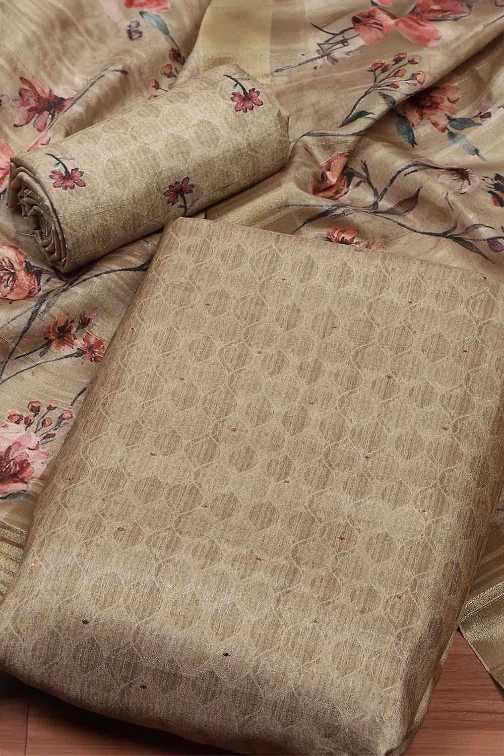 Peach Silk Tussar Handloom Unstitched Suit Set image number 1