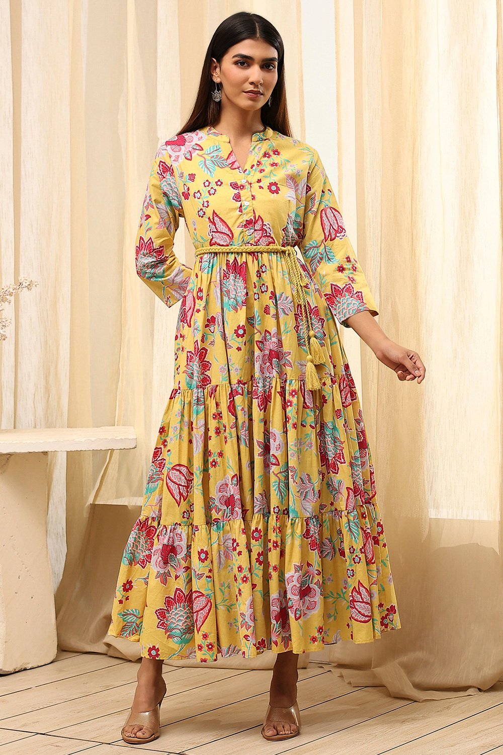 Earthy Blue Cotton Floral Tiered Dress image number 5