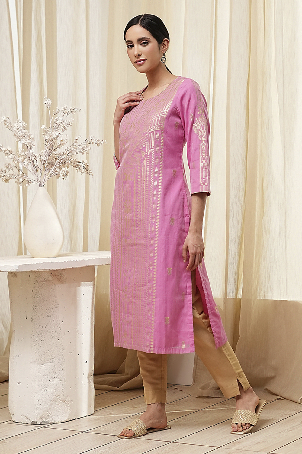 Pink Poly Cotton Straight Yarndyed Kurta image number 5