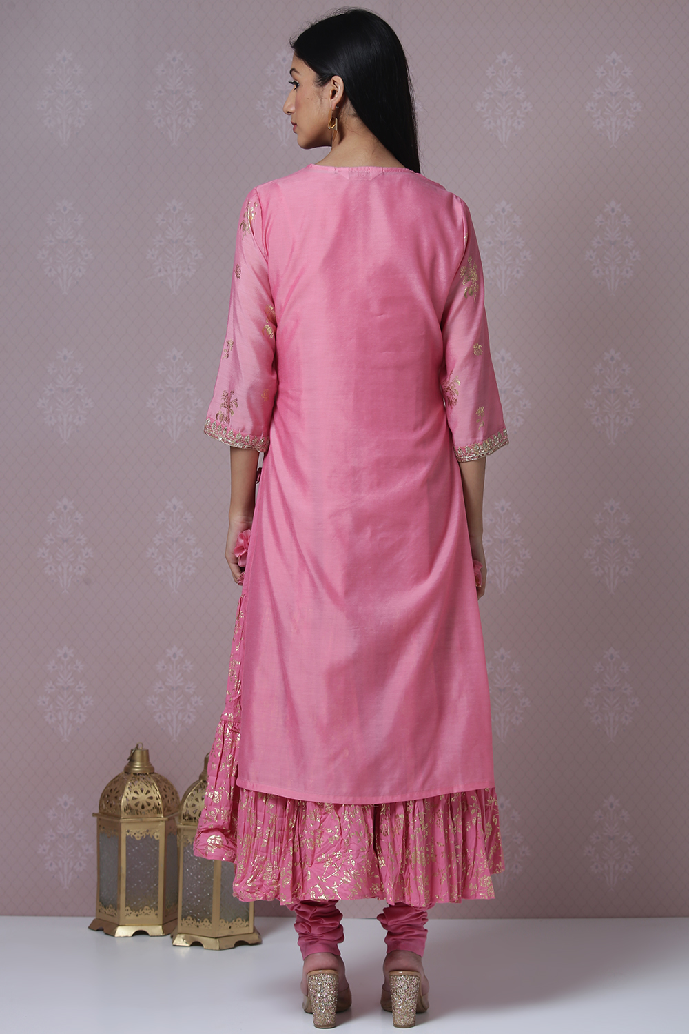 Pink Art Silk Double Layered Kurta Churidar Suit Set image number 9