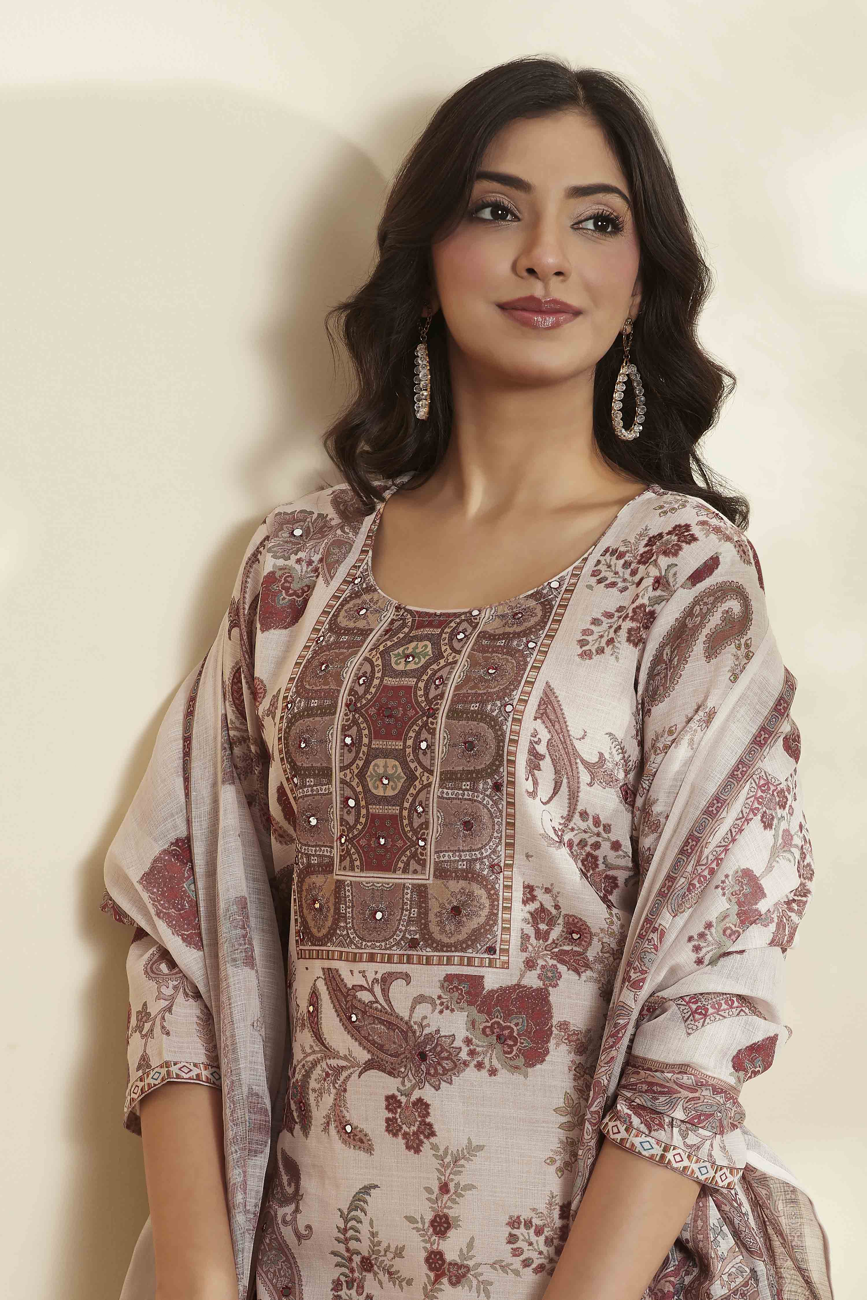 Cream Paisley Printed Poly Linen Kurta Set image number 1