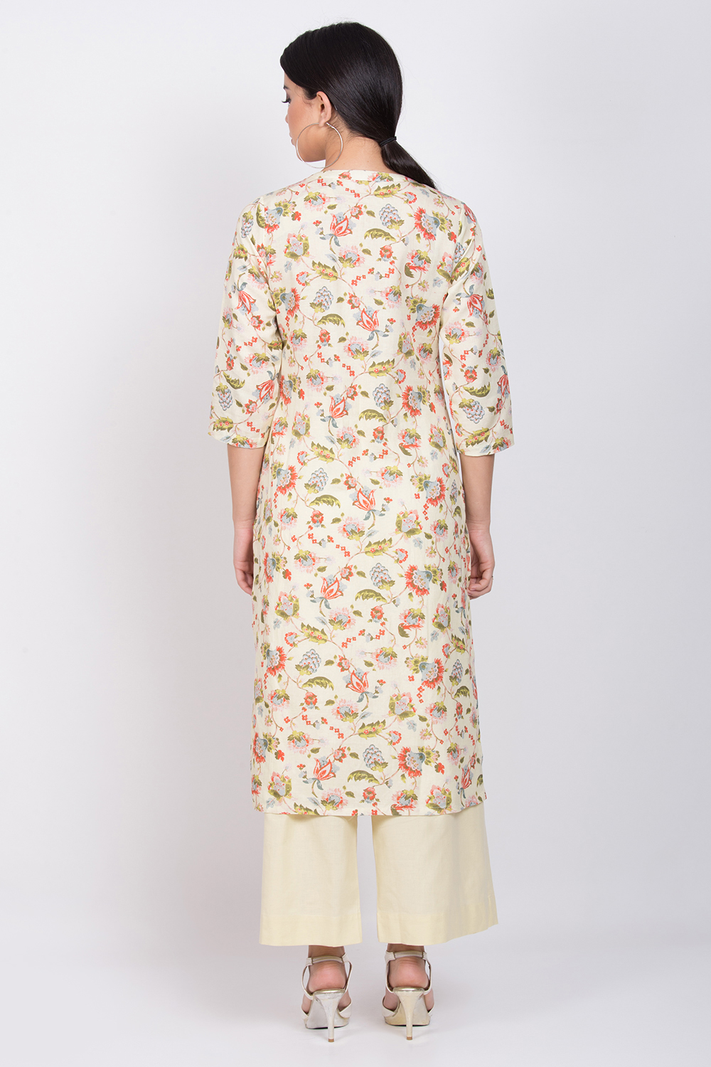 Cream Cotton Linen Kurta Pants Set image number 4