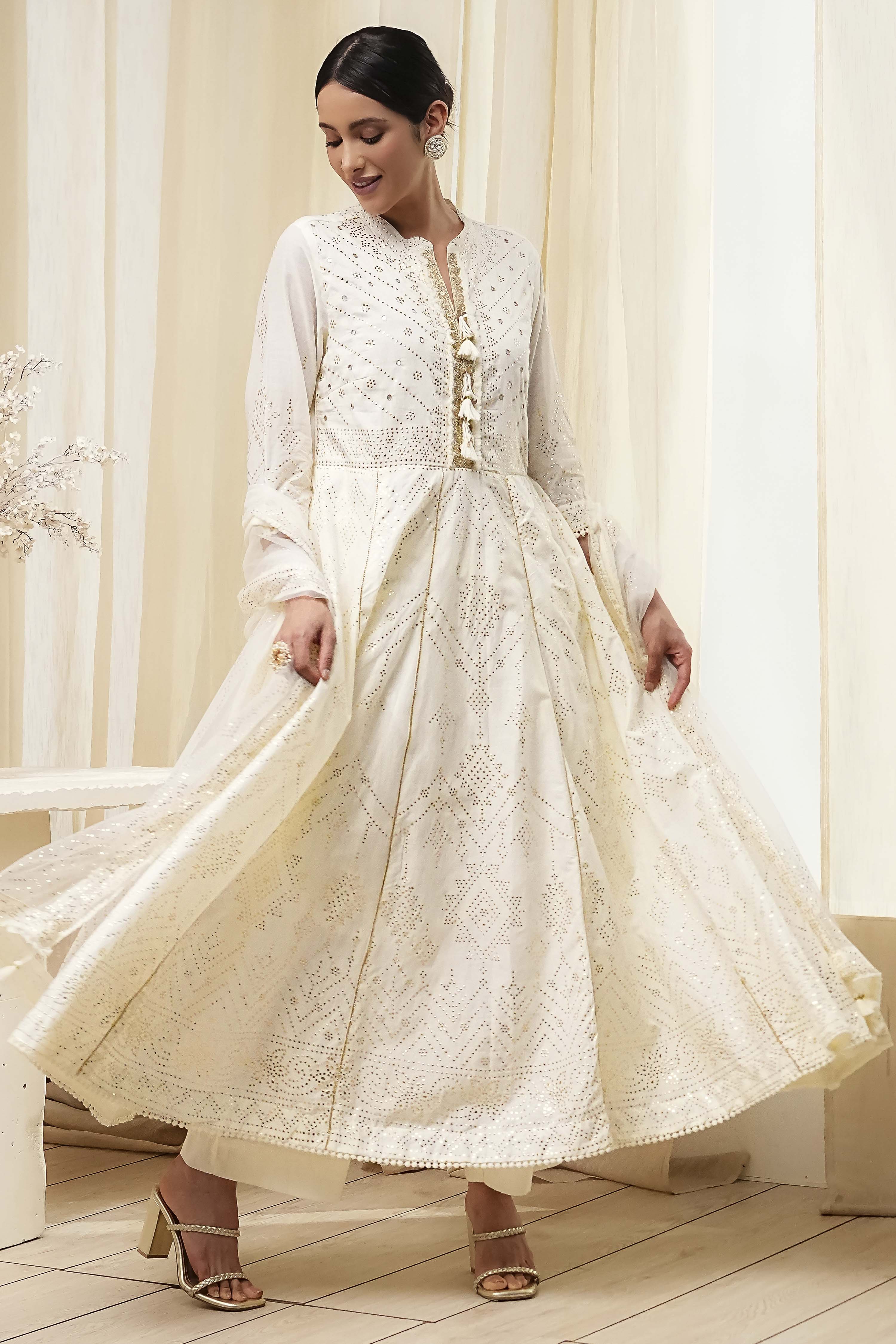 Off-White Cotton Embellished Anarkali Suit Set image number 0