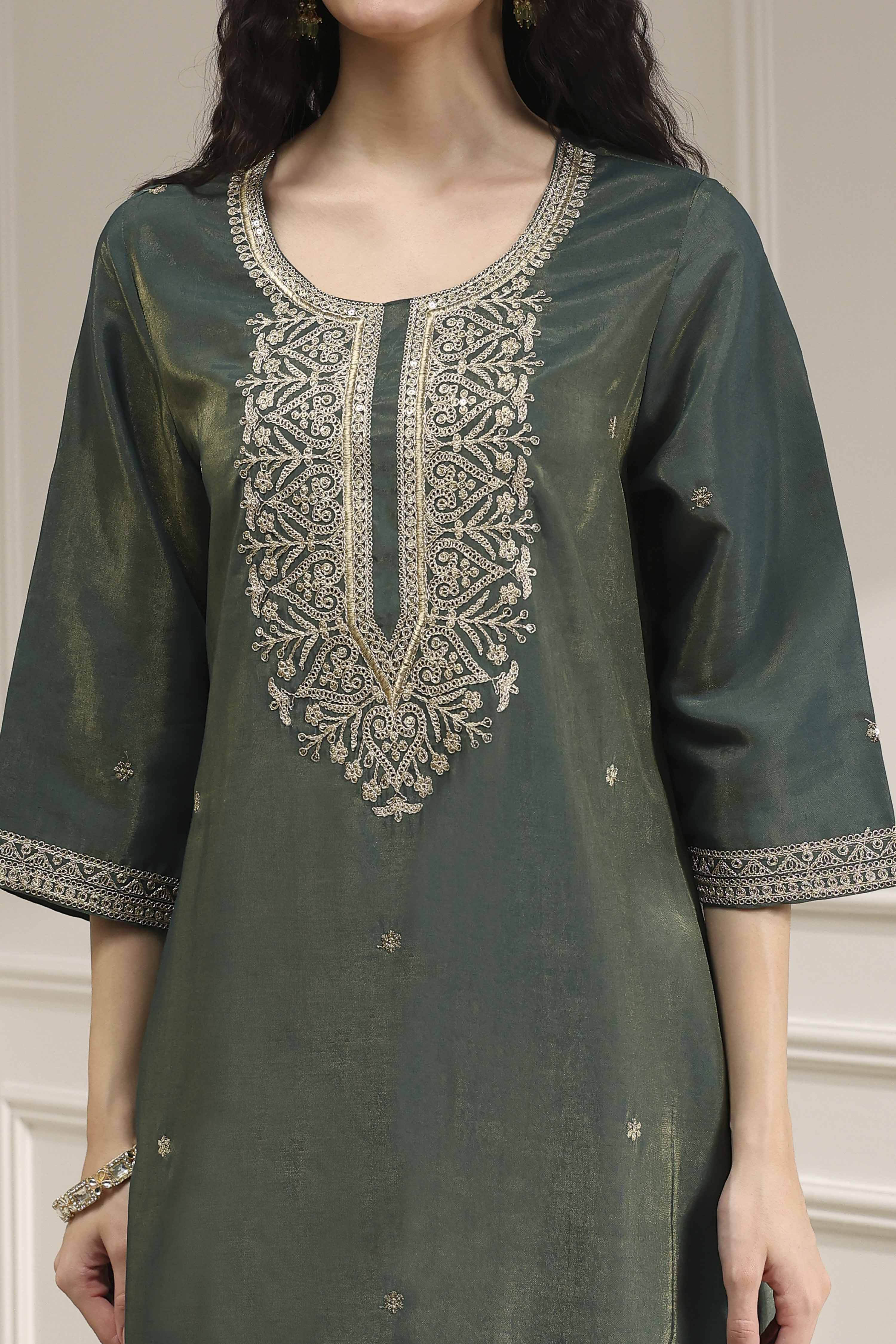Green Viscose Rayon Straight Solid Suit Set image number 1
