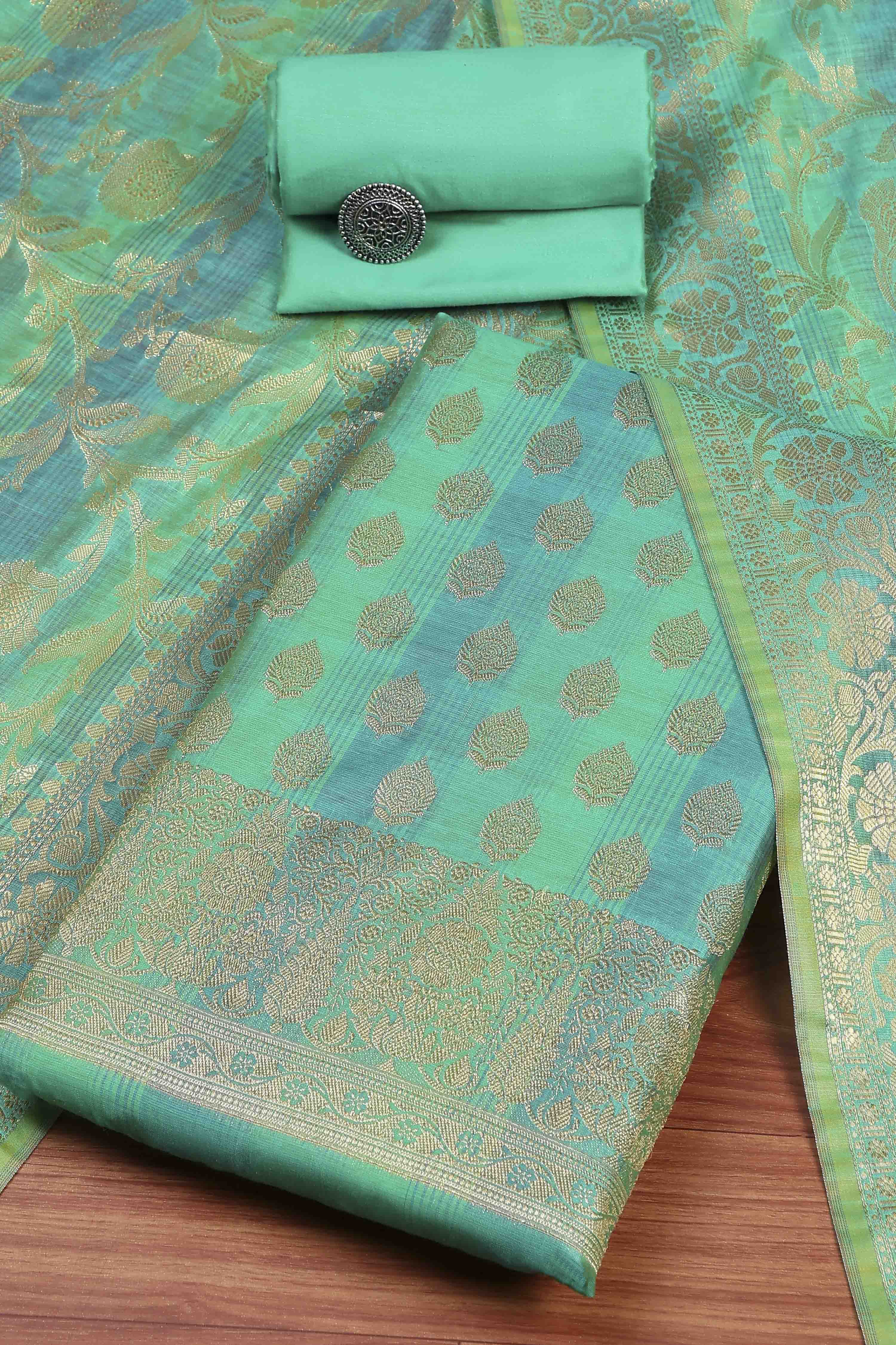 Firozi Chanderi Gold Motif Unstitched Suit Set image number 0