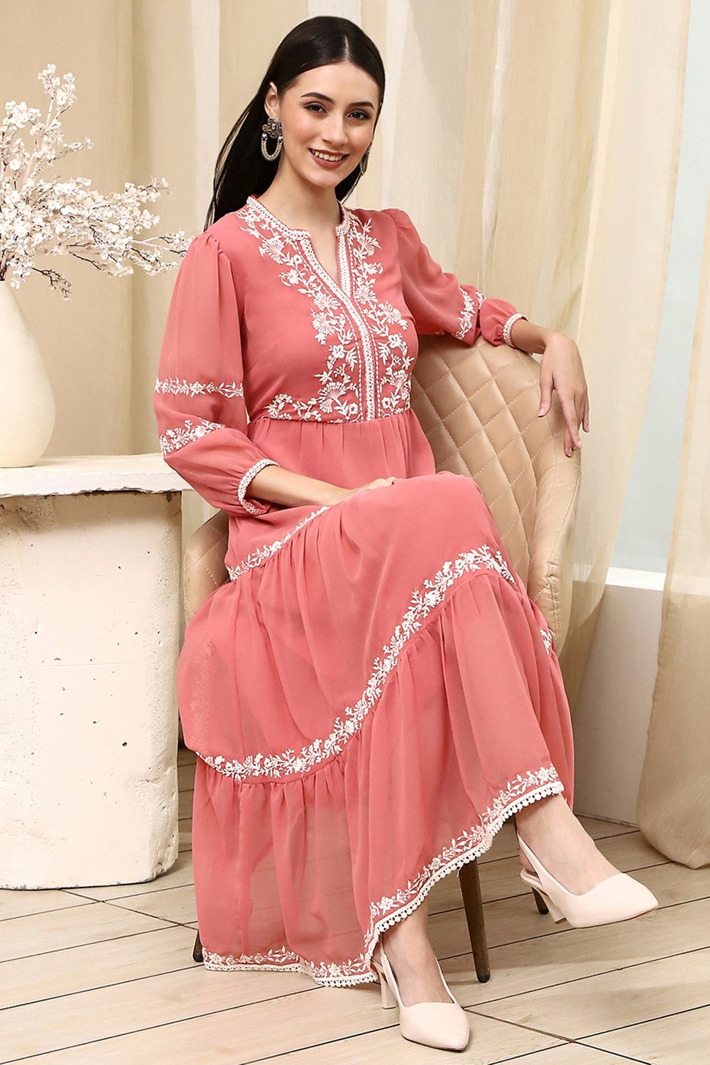 Light Pink Polyester Tiered Dress image number 0