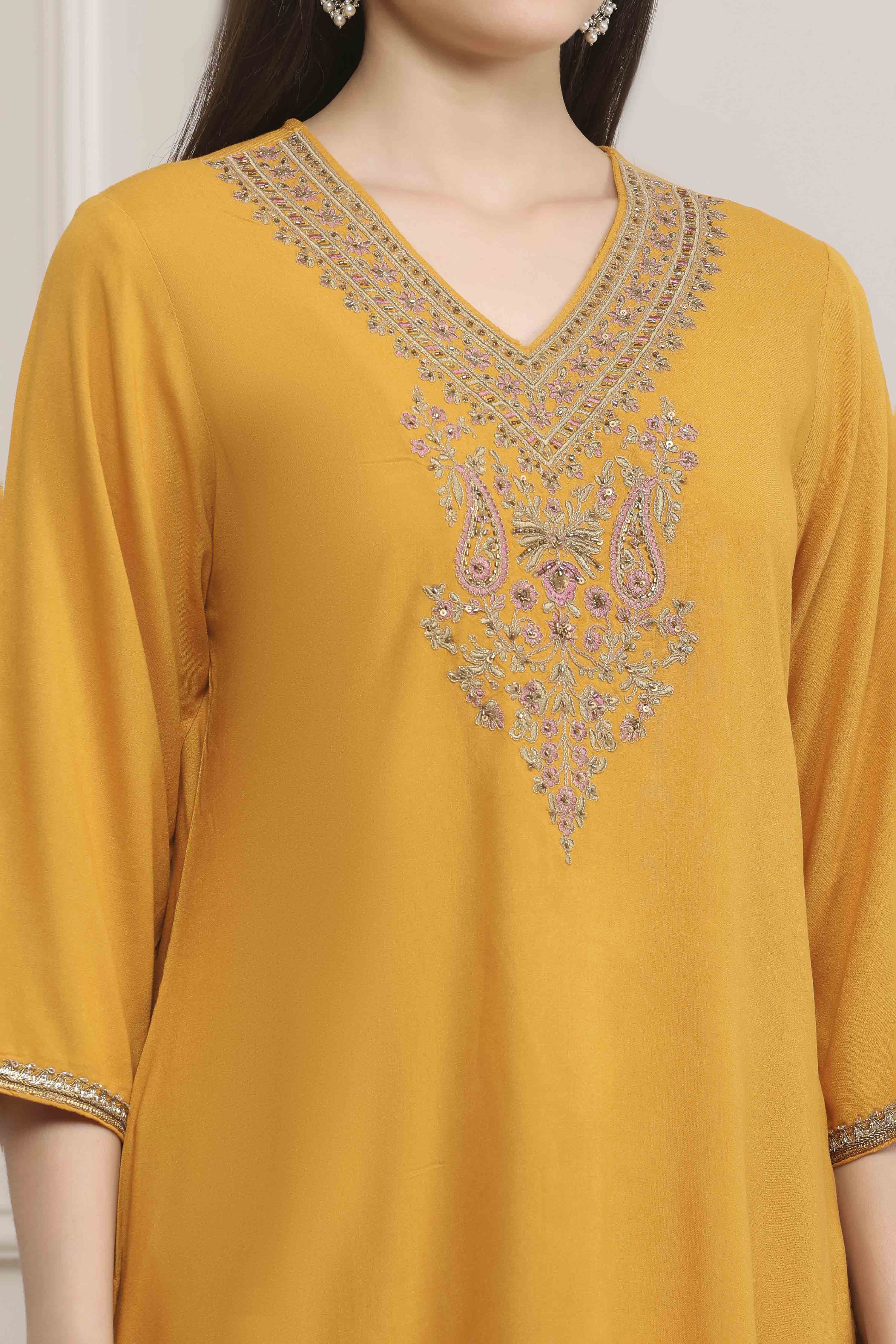 Yellow Viscose Rayon Straight Suit Set image number 1