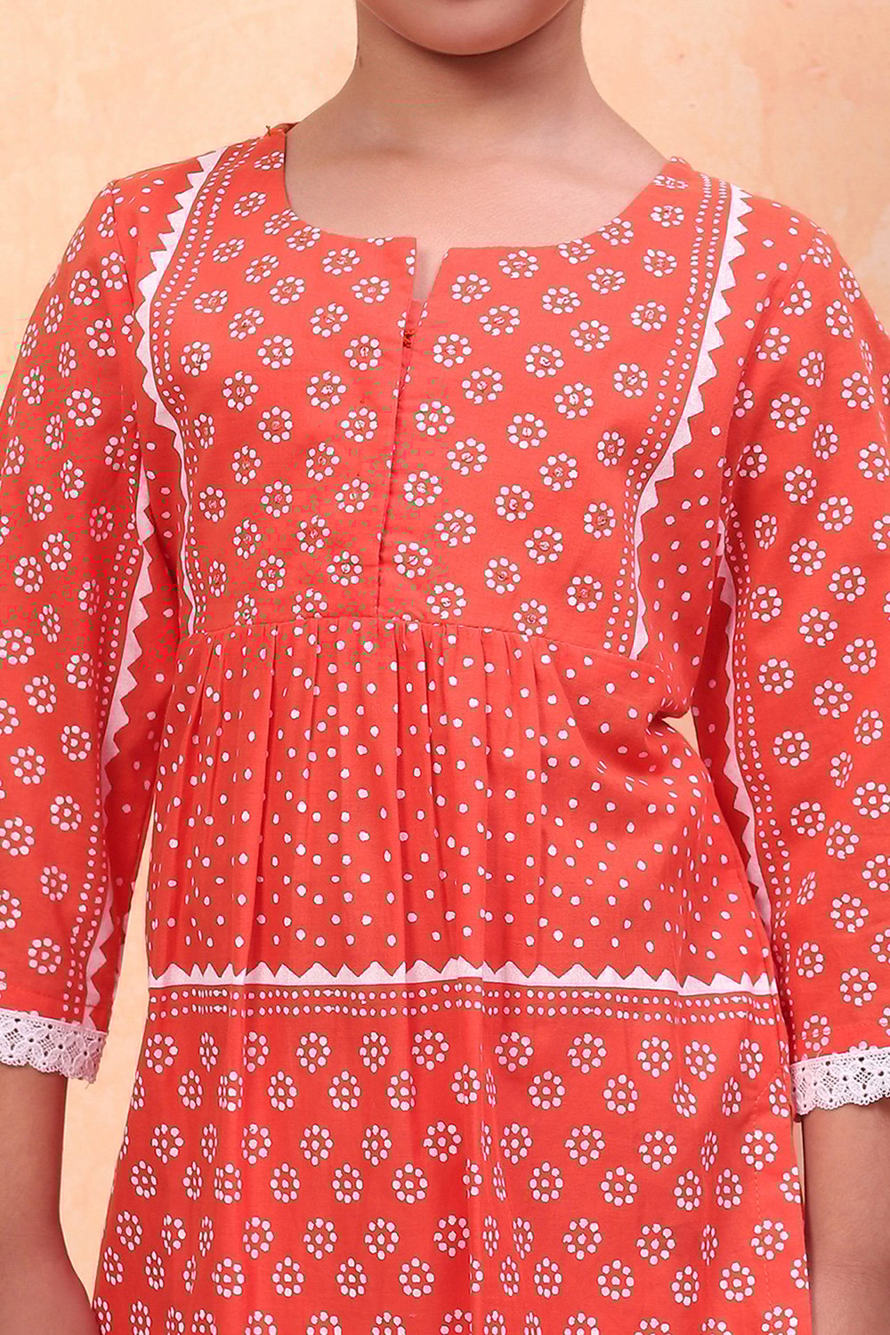 Orange and White Cotton Printed Straight Kurta Set image number 1