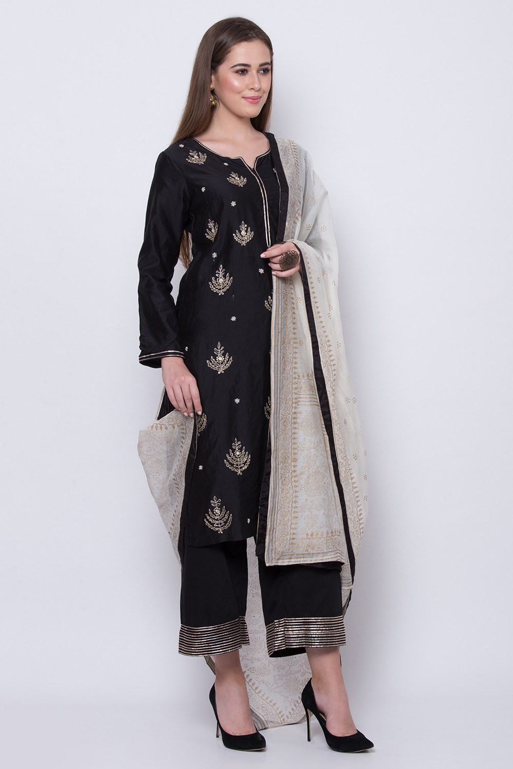 Black Cotton Silk Straight Kurta Palazzo Suit Set image number 2