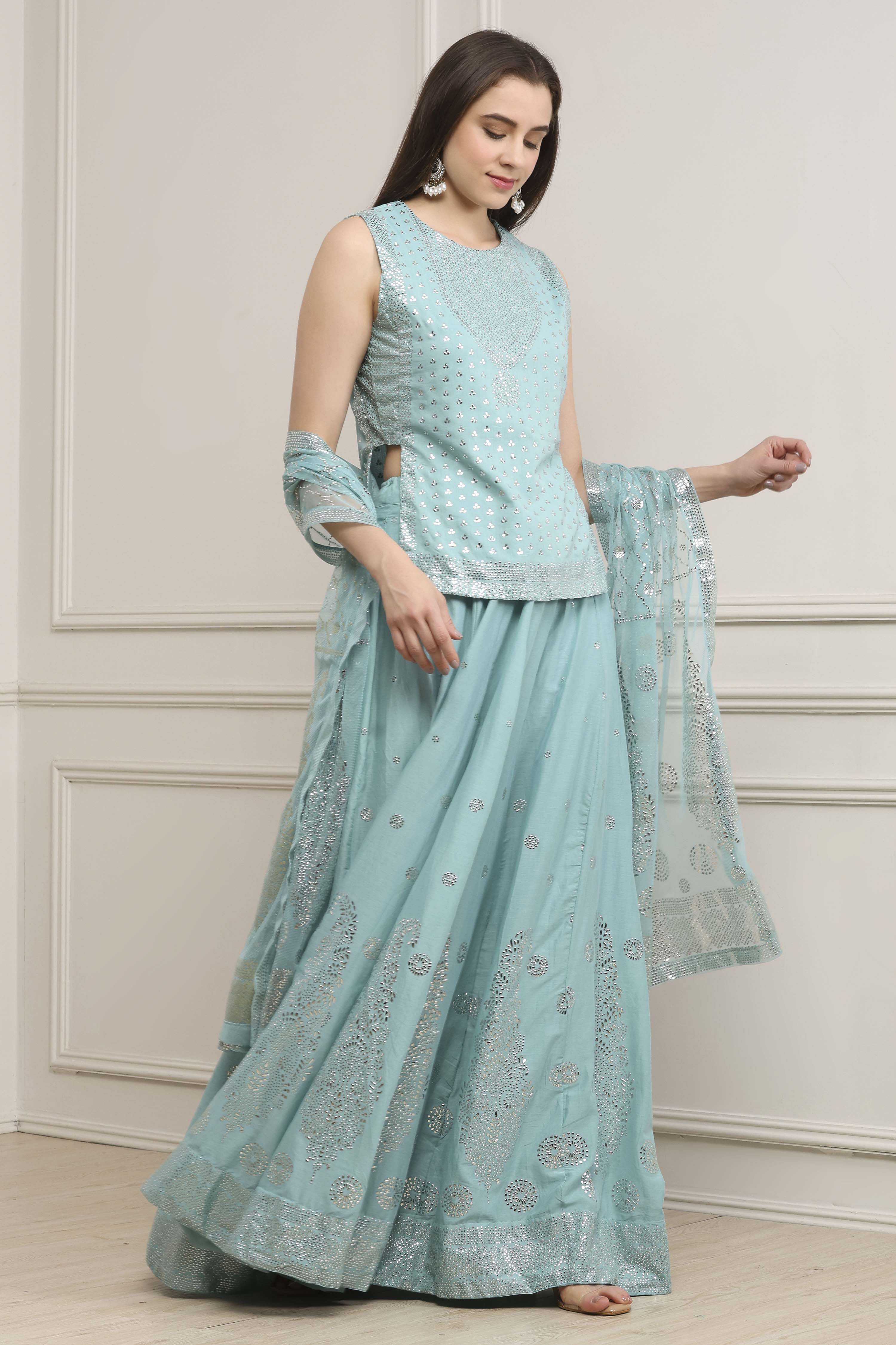 Powder Blue Cotton Printed Lehenga Set image number 5